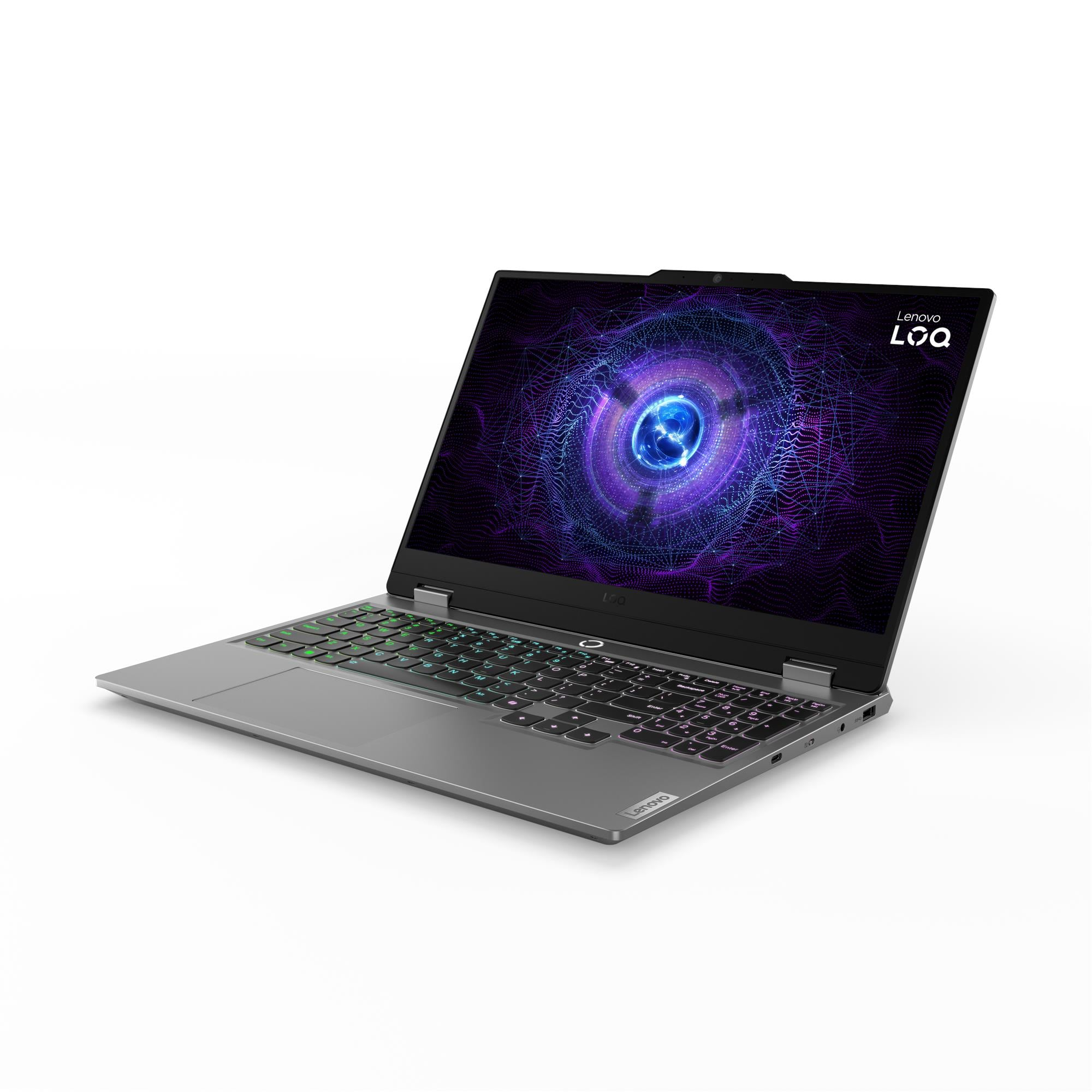 Ekranında mor soyut grafik olan, arkadan aydınlatmalı klavyeye sahip gri bir Lenovo LOQ dizüstü bilgisayar.