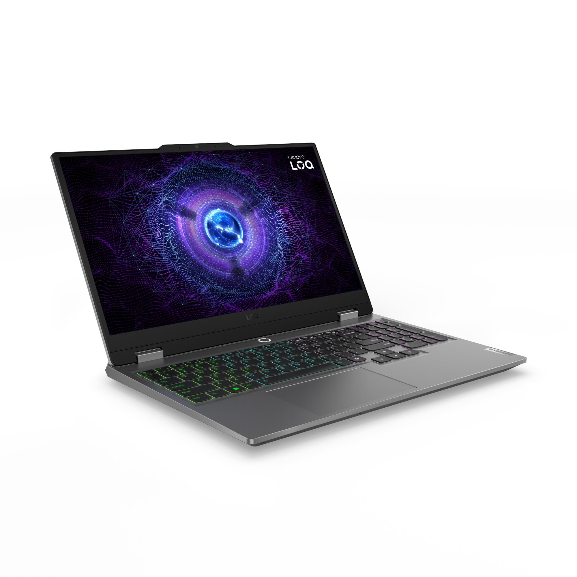 Beyaz arka planda açık gri Lenovo LOQ dizüstü bilgisayar, mor soyut dijital duvar kağıdı.