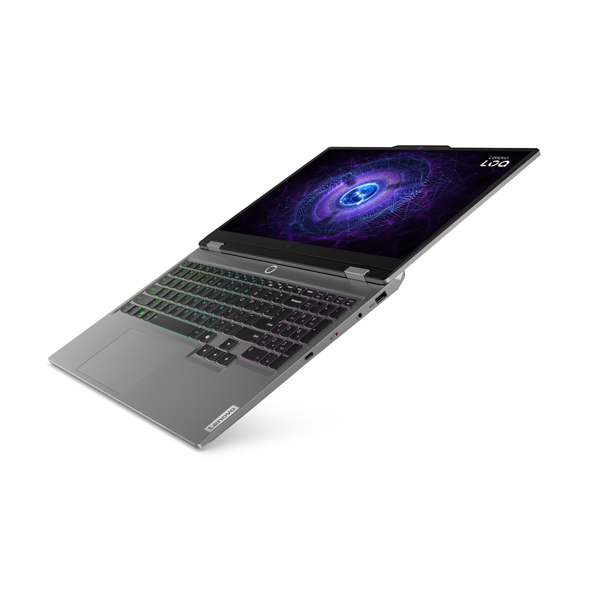 Işıklı klavyeye ve soyut mavi-mor ekran arka planına sahip gri bir Lenovo dizüstü bilgisayar.