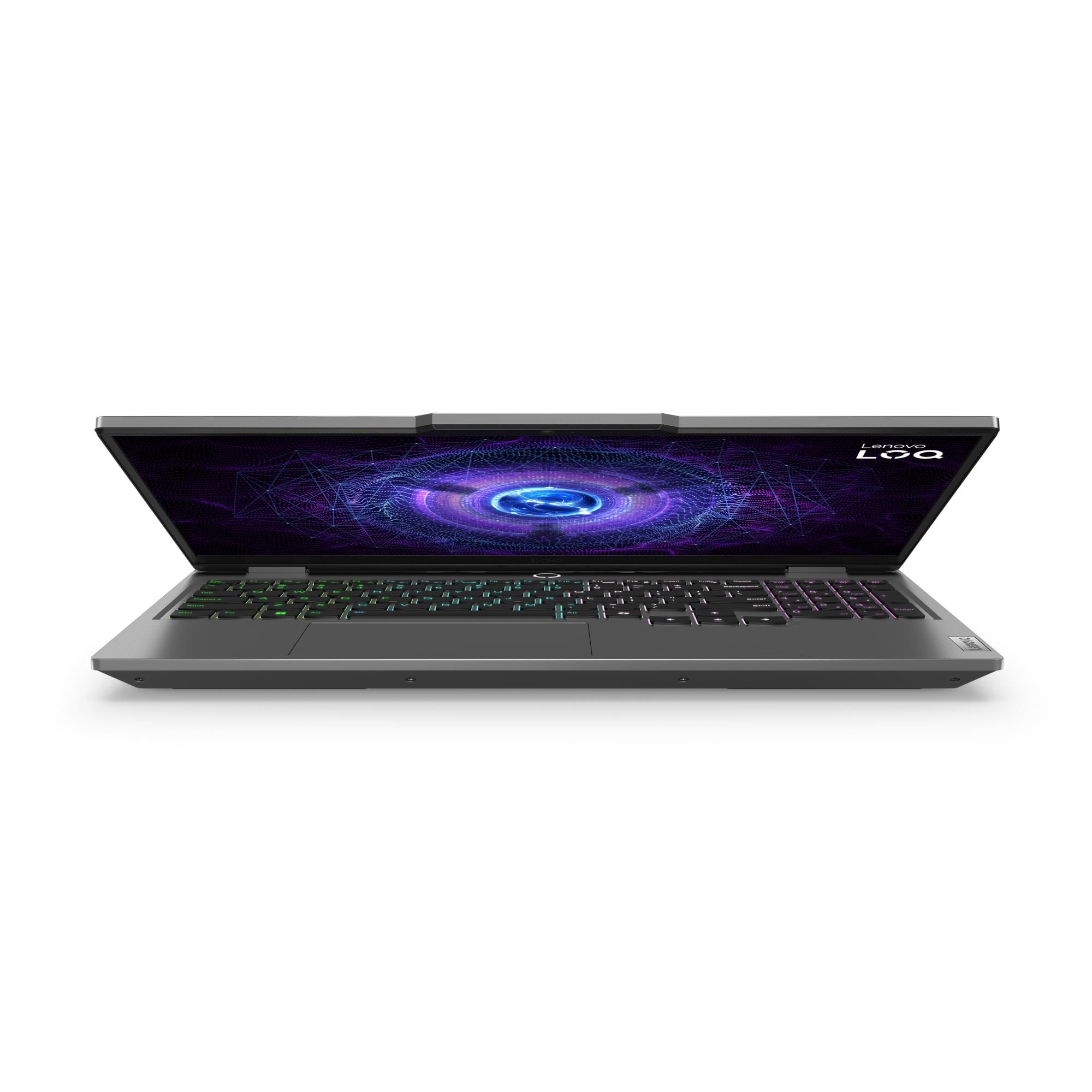 Açık ekrana sahip gri renkli Lenovo LOQ oyun dizüstü bilgisayarı mor soyut bir duvar kağıdı gösteriyor.