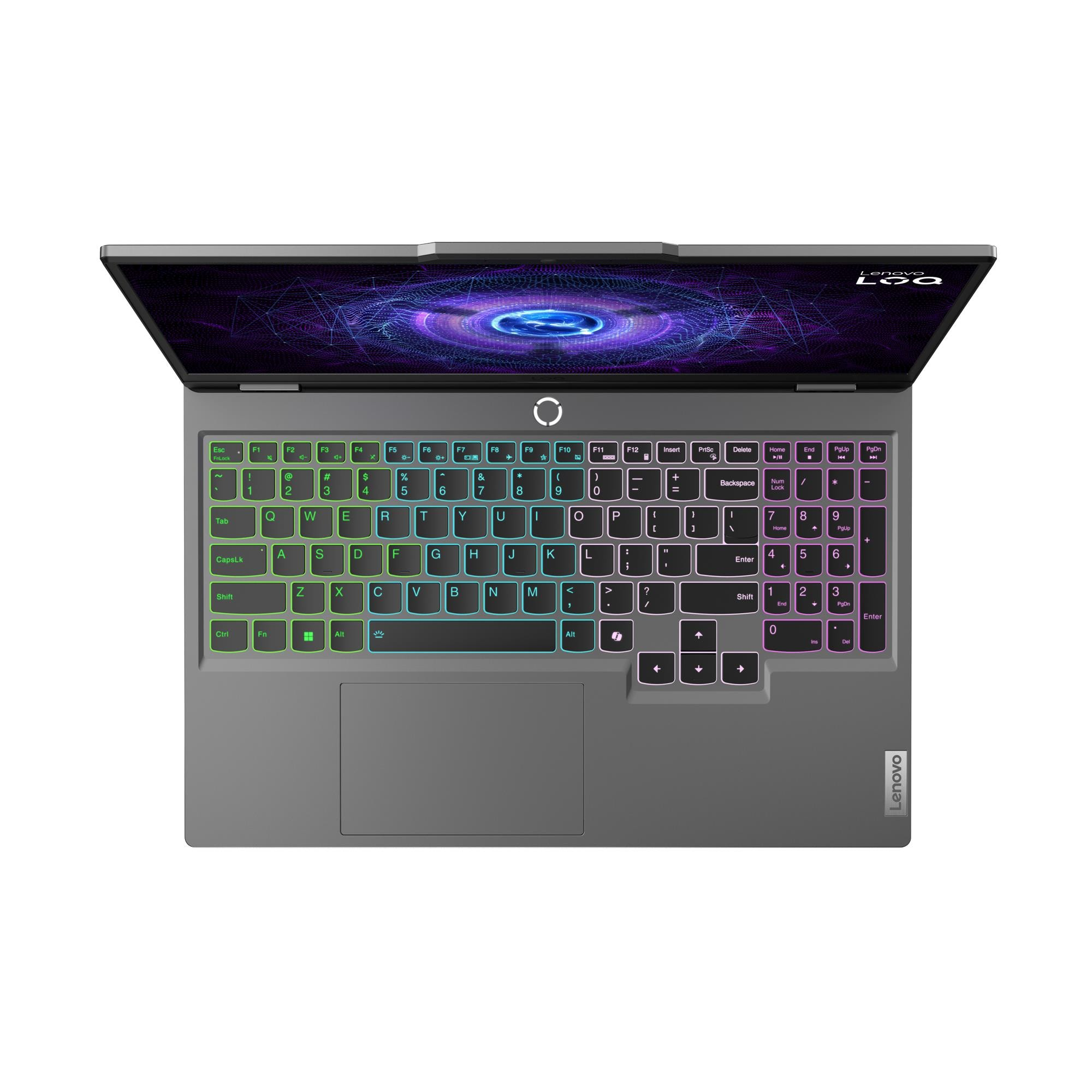Yukarıdan arka aydınlatmalı klavyeye ve soyut ekran arka planına sahip gri Lenovo LOQ dizüstü bilgisayar.
