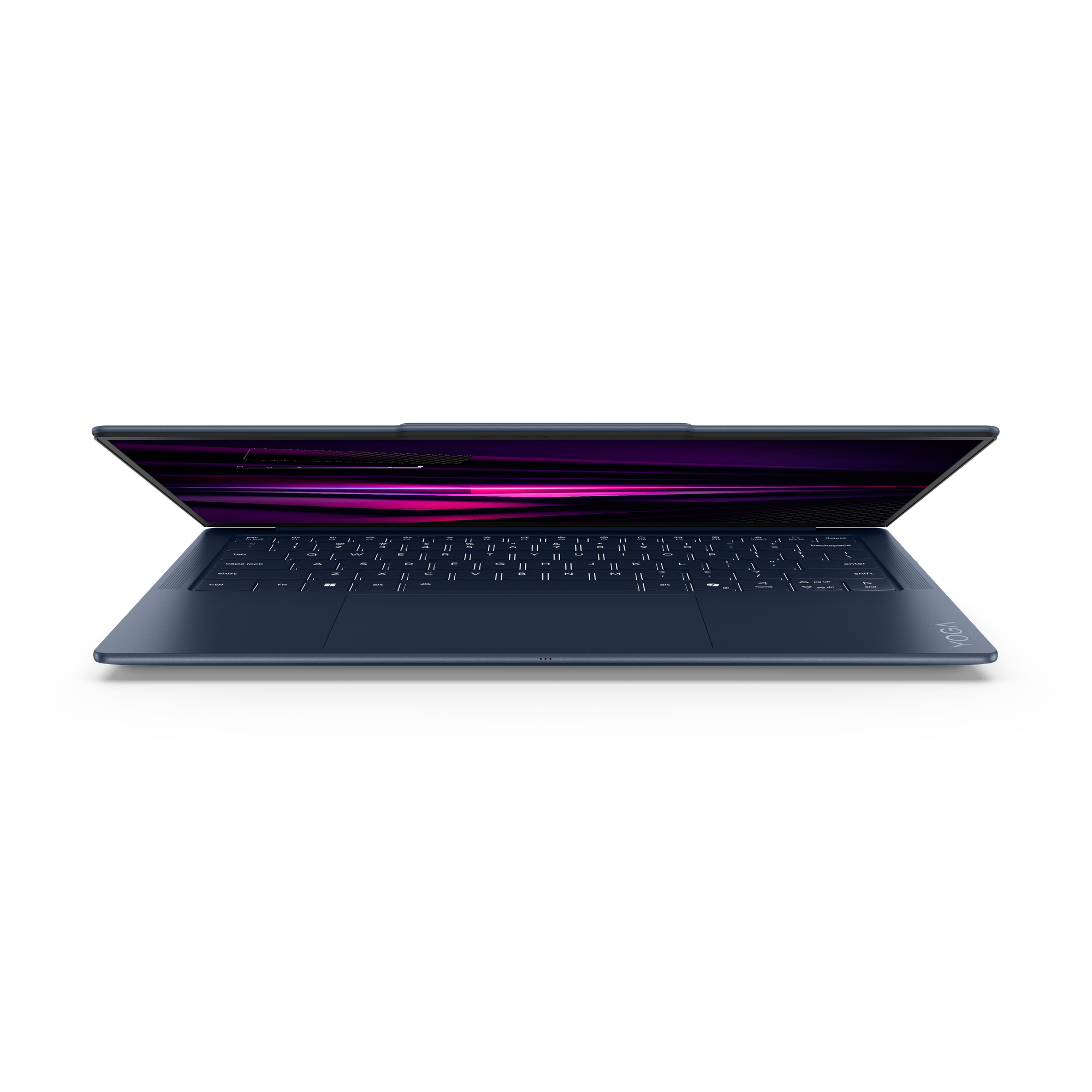 Ein blauer Laptop mit geöffnetem Bildschirm zeigt ein violettes, abstraktes Hintergrundbild.