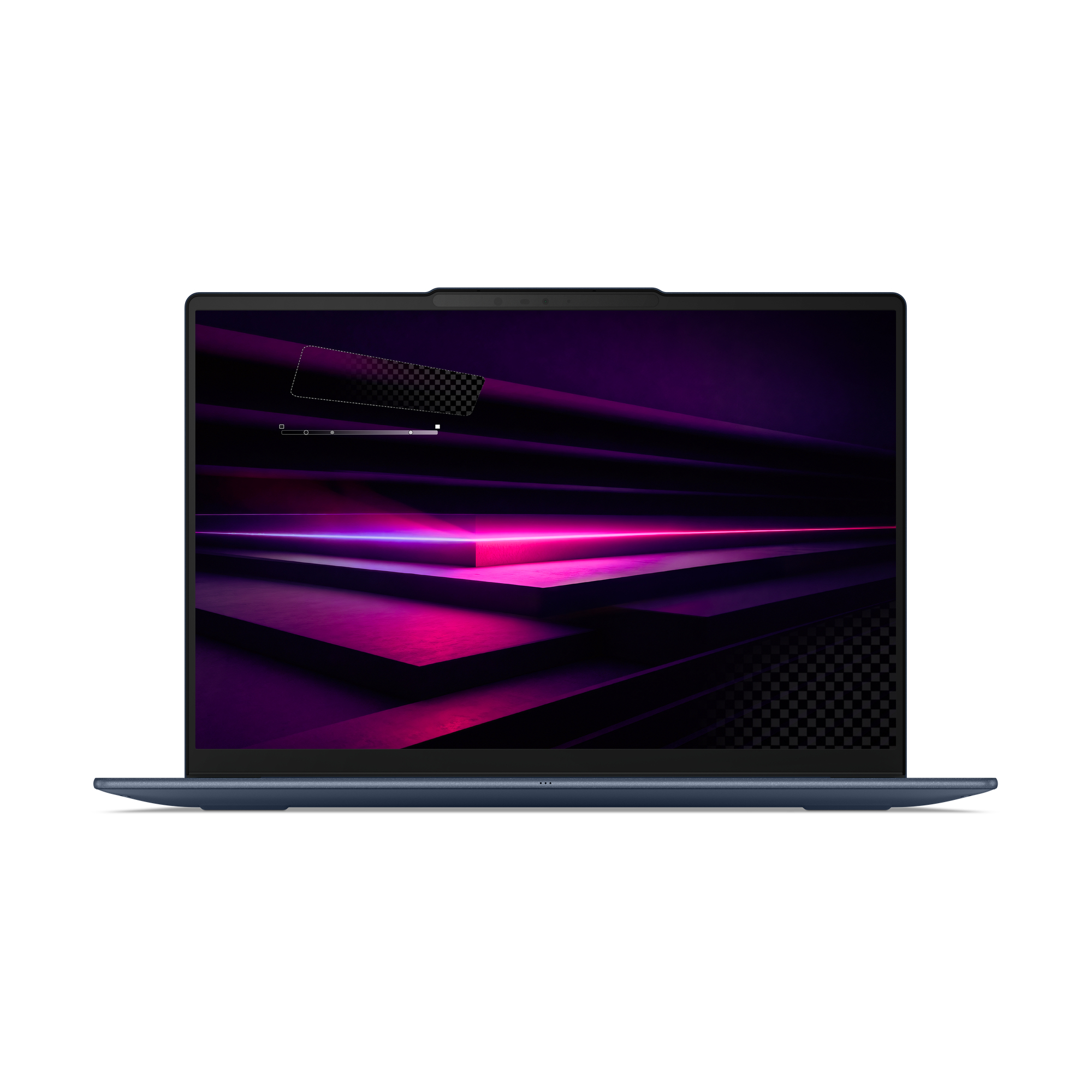 Ein dunkelblauer Laptop zeigt einen Bildschirm mit violett und rosa leuchtenden abstrakten Grafiken.