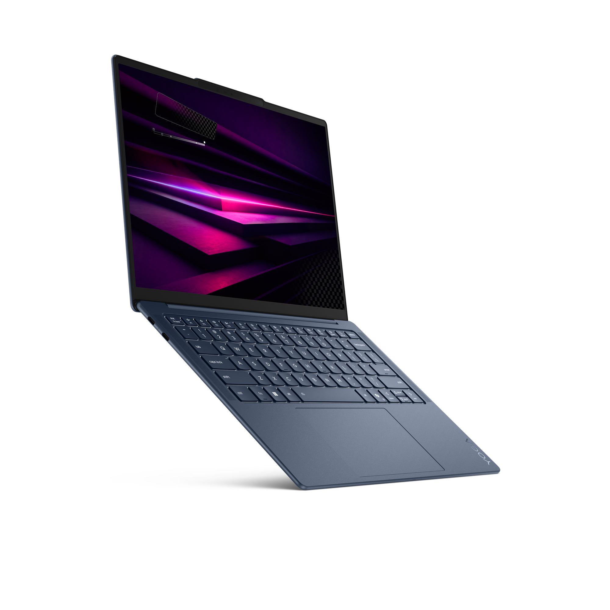 Ein blauer Laptop schwebt schräg vor weißem Hintergrund mit abstrakter pinker und lila Displaygrafik.