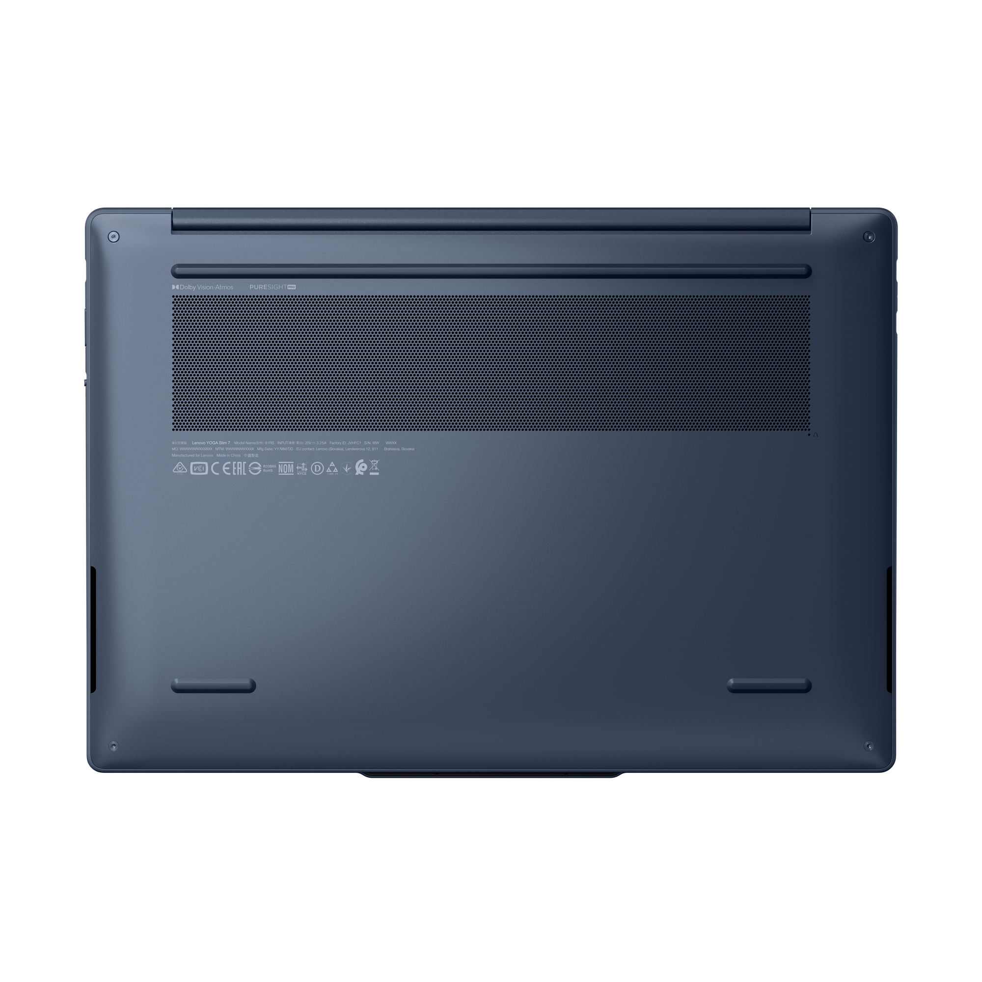 Unterseite eines blauen Laptops mit Lüftungsgitter, Regulierungslogos und zwei horizontalen Gummifüßen.