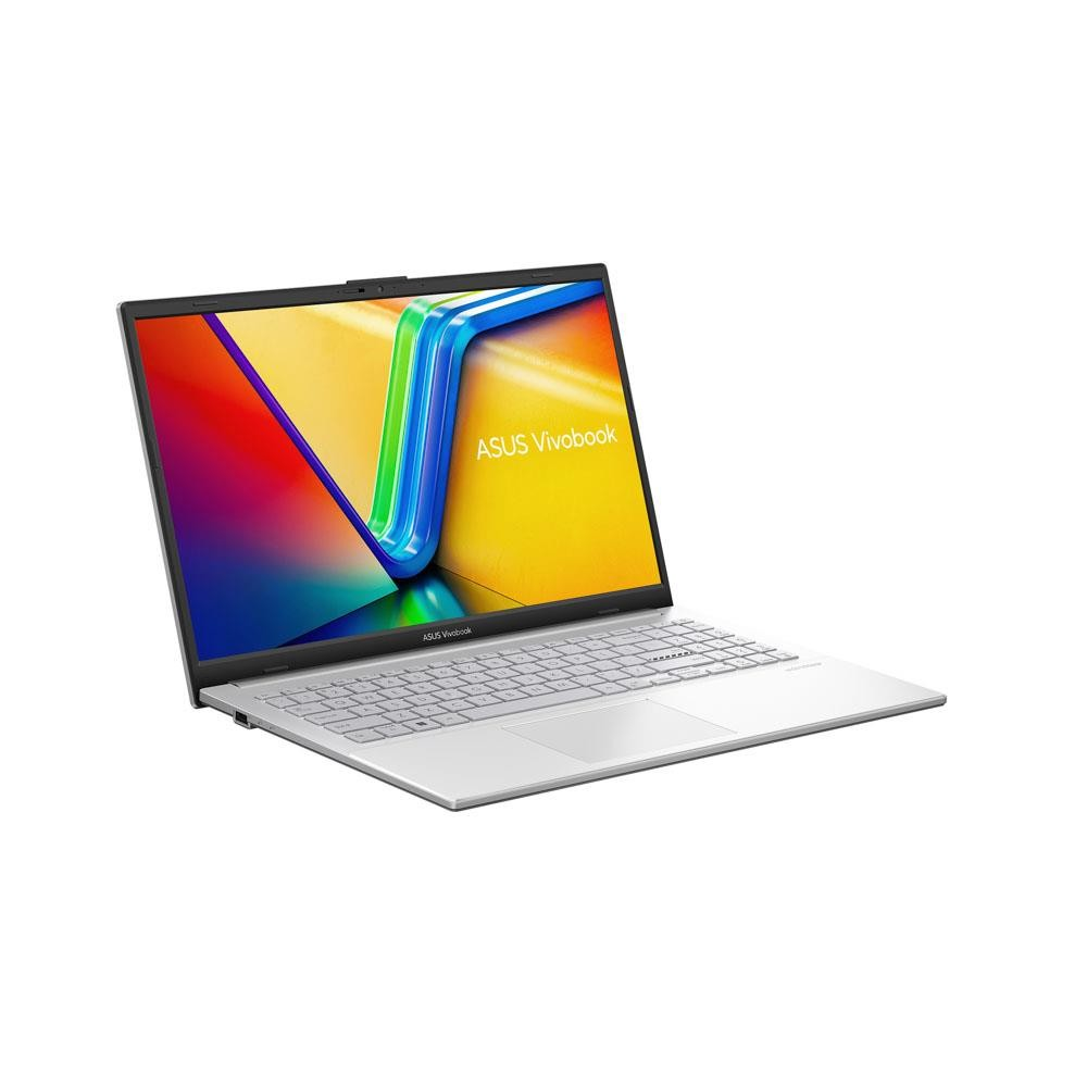 Beyaz arka planda renkli ekranlı ve beyaz klavyeli gümüş rengi bir ASUS Vivobook dizüstü bilgisayar.