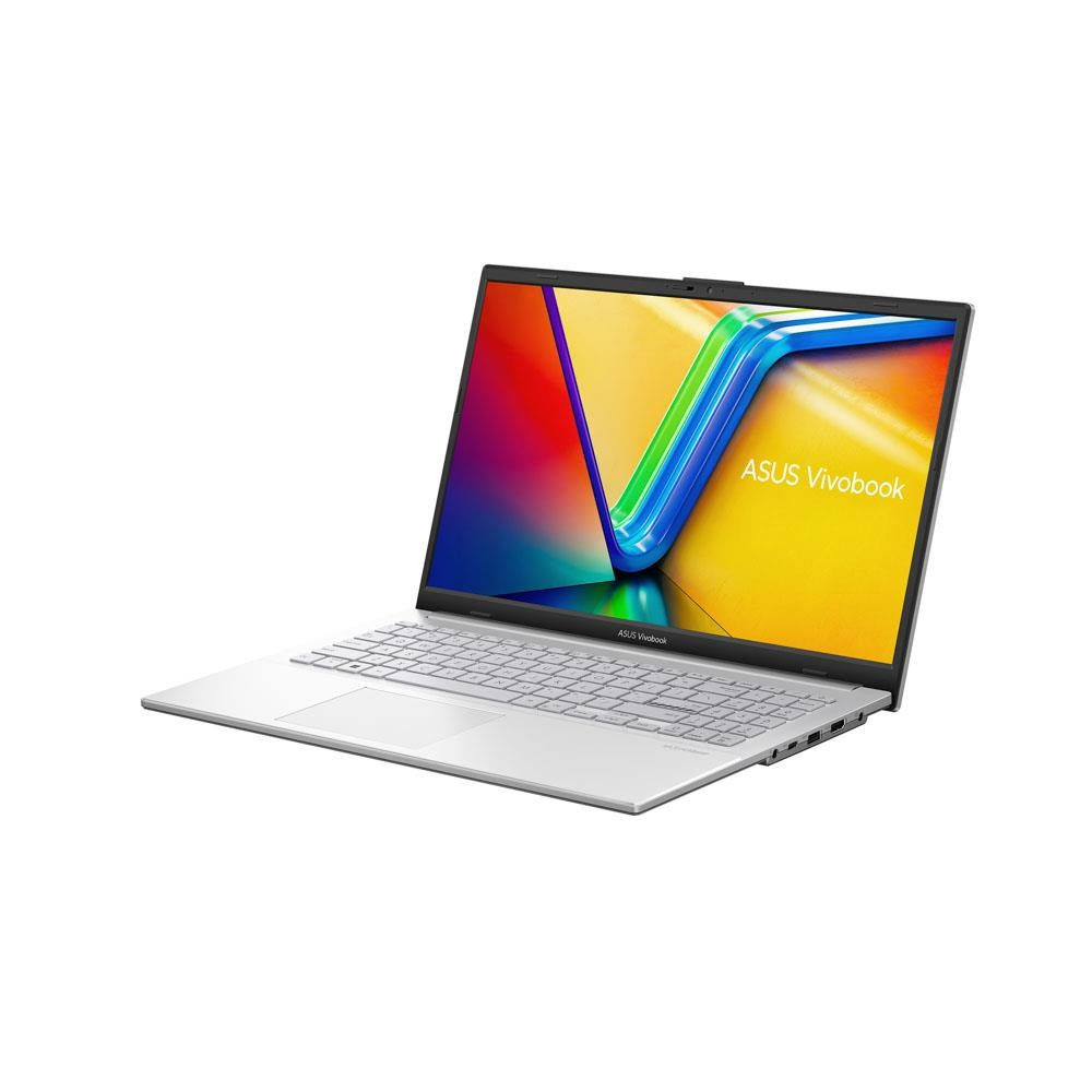 Ekranında renkli bir duvar kağıdı olan gümüş renkli ASUS Vivobook dizüstü bilgisayar.