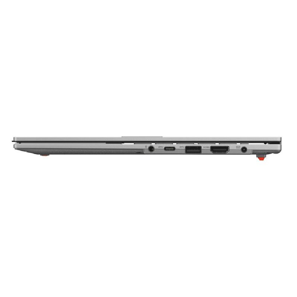 Beyaz arka planda USB-C, USB ve HDMI gibi çeşitli bağlantı noktalarını gösteren ince gümüş rengi dizüstü bilgisayarın yandan görünümü.