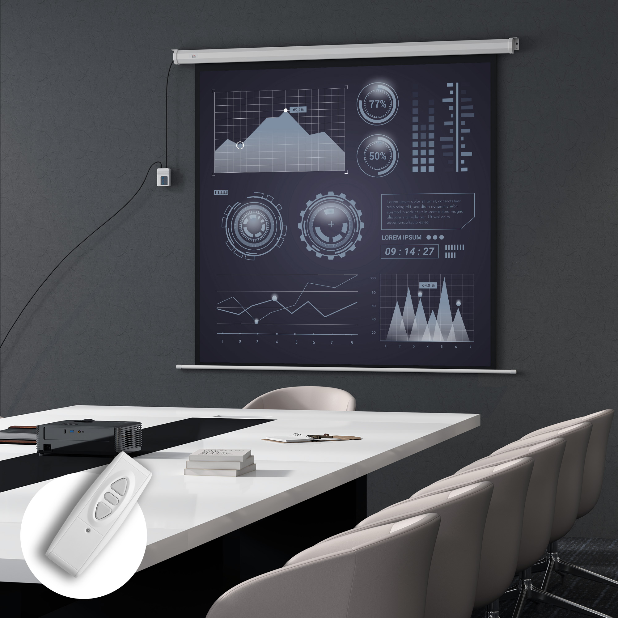 Moderna sala conferenze con schermo di proiezione, proiettore e grafici.