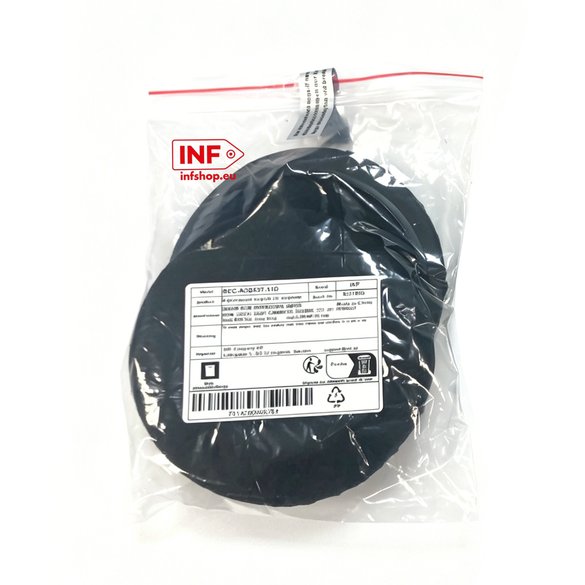 Coperture nere in un sacchetto di plastica trasparente con etichetta bianca e logo rosso Infshop.