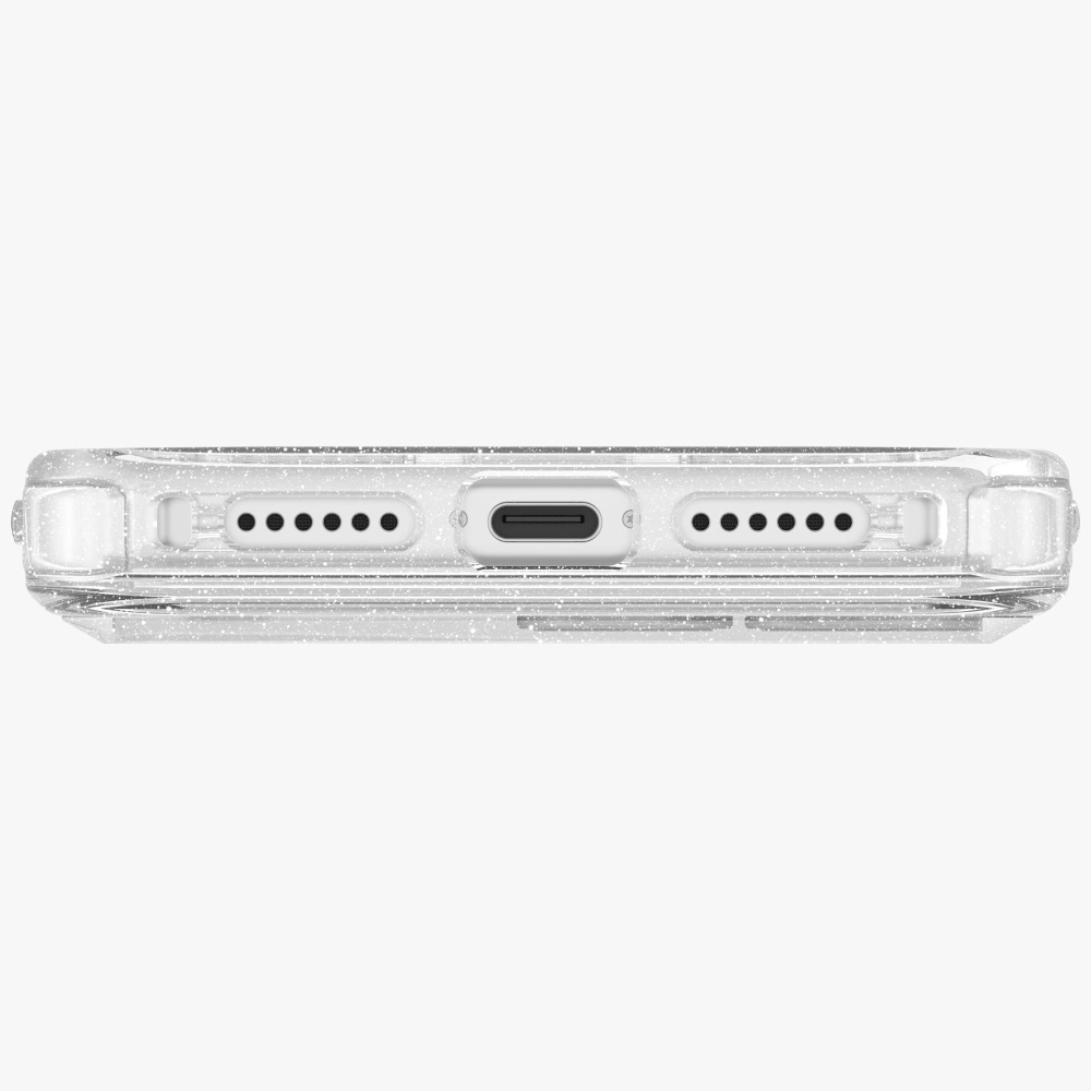 Hoparlör ızgaraları ve şeffaf kılıf eşliğinde USB-C bağlantı noktasına sahip bir akıllı telefonun alt görünümü.