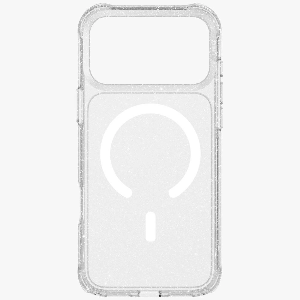 Beyaz arka plan üzerinde arkasında MagSafe halkası olan şeffaf, parıltılı telefon kılıfı.