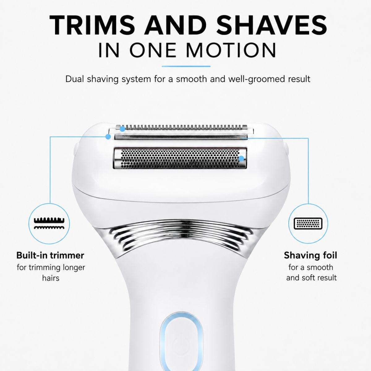 Shaver head with built-in trimmer and shaving foil, labeled Trims and Shaves.