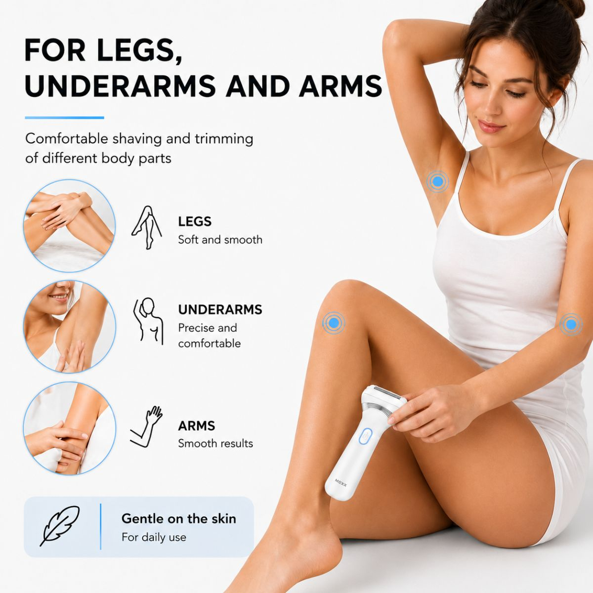 A woman in a white tank top holds an electric shaver for legs, underarms, and arms.