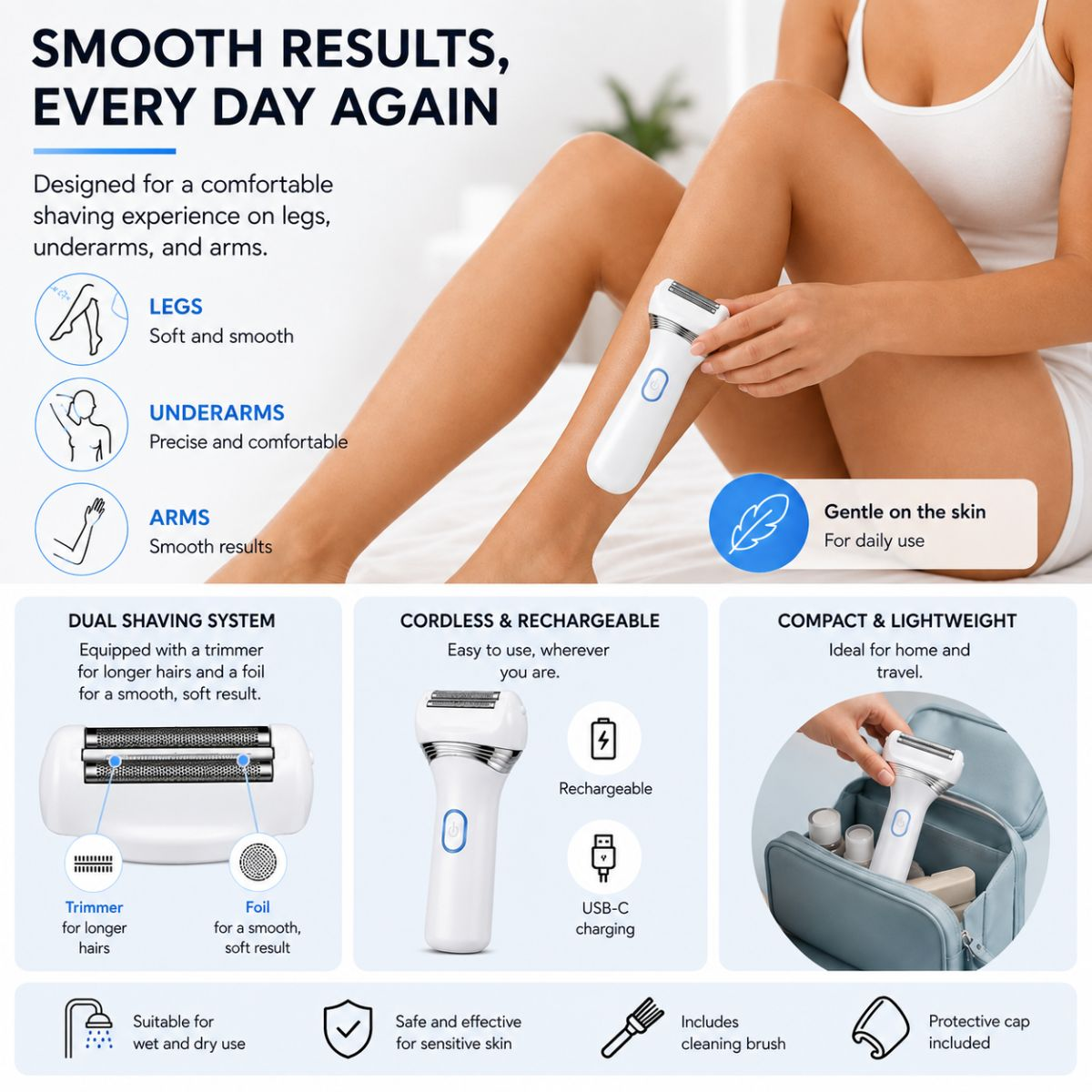 A woman shaves her leg using a white cordless electric shaver. Text and icons explain the product features.