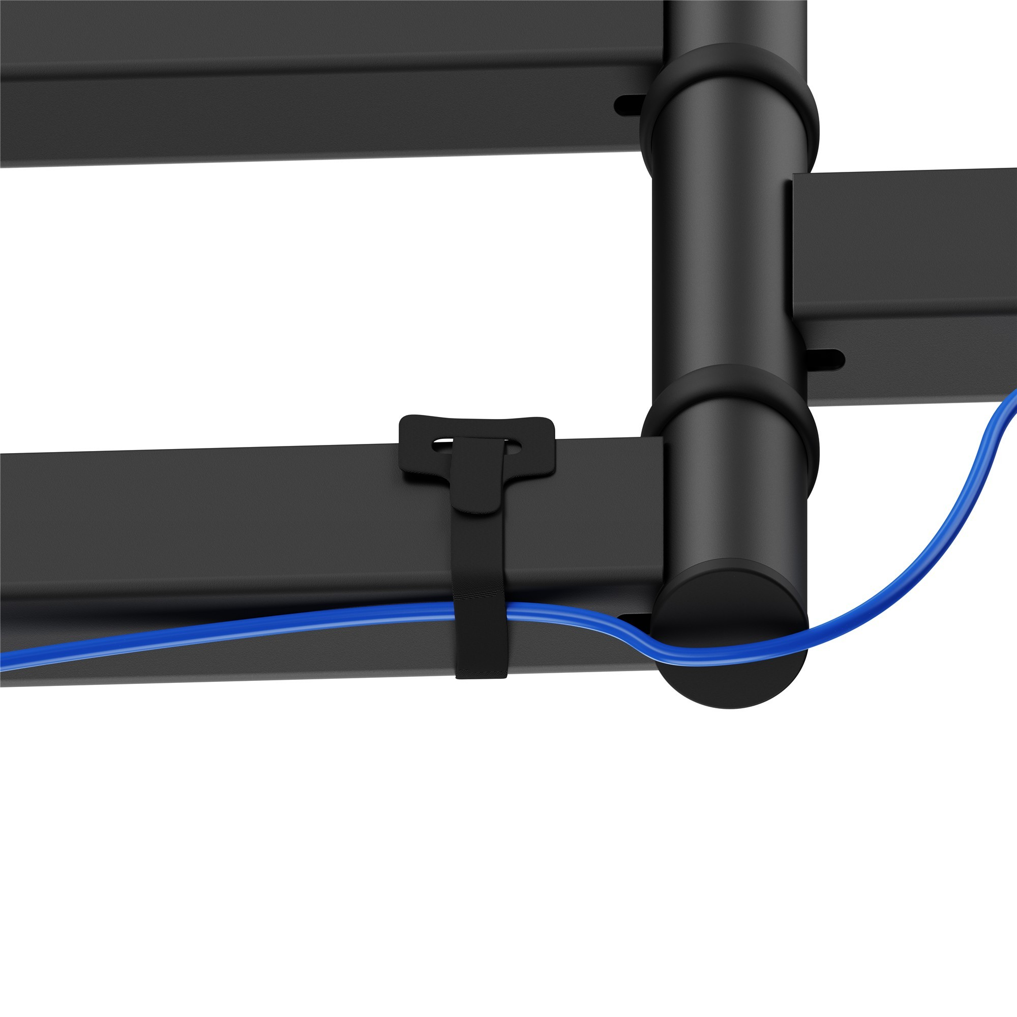 Ein blauer Kabelbinder hält ein blaues Kabel an einem schwarzen Metallarm fest.