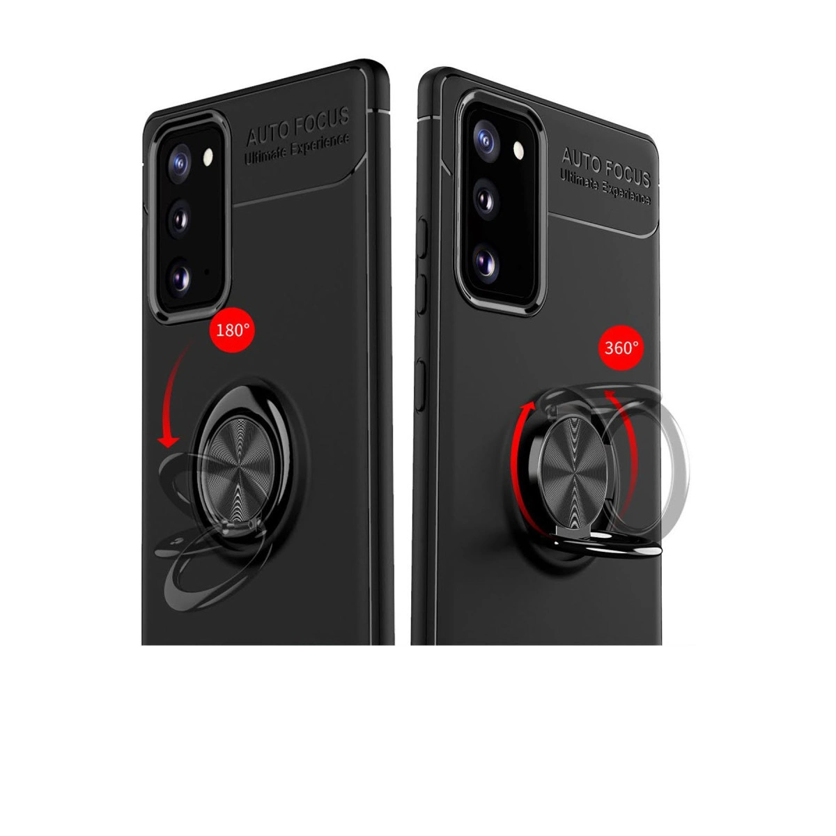 180 ve 360 derece dönme açısı gösteren döner halka standlı iki siyah telefon kılıfı.