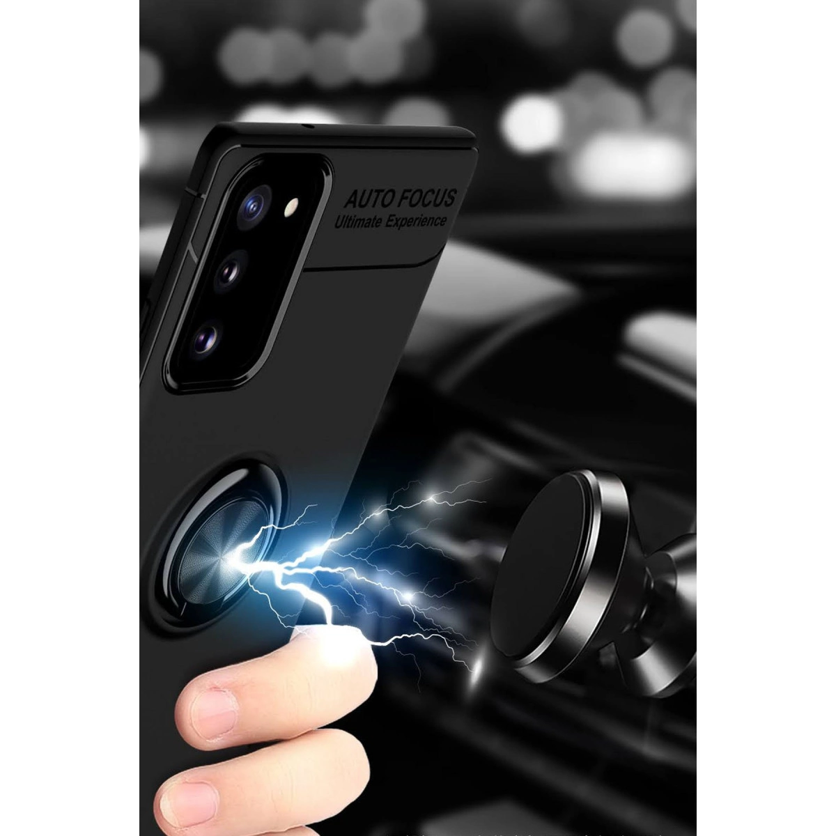 Manyetik tutucunun yakınında kılıflı telefon, elektrik kıvılcımlarıyla tasvir edilmiş.