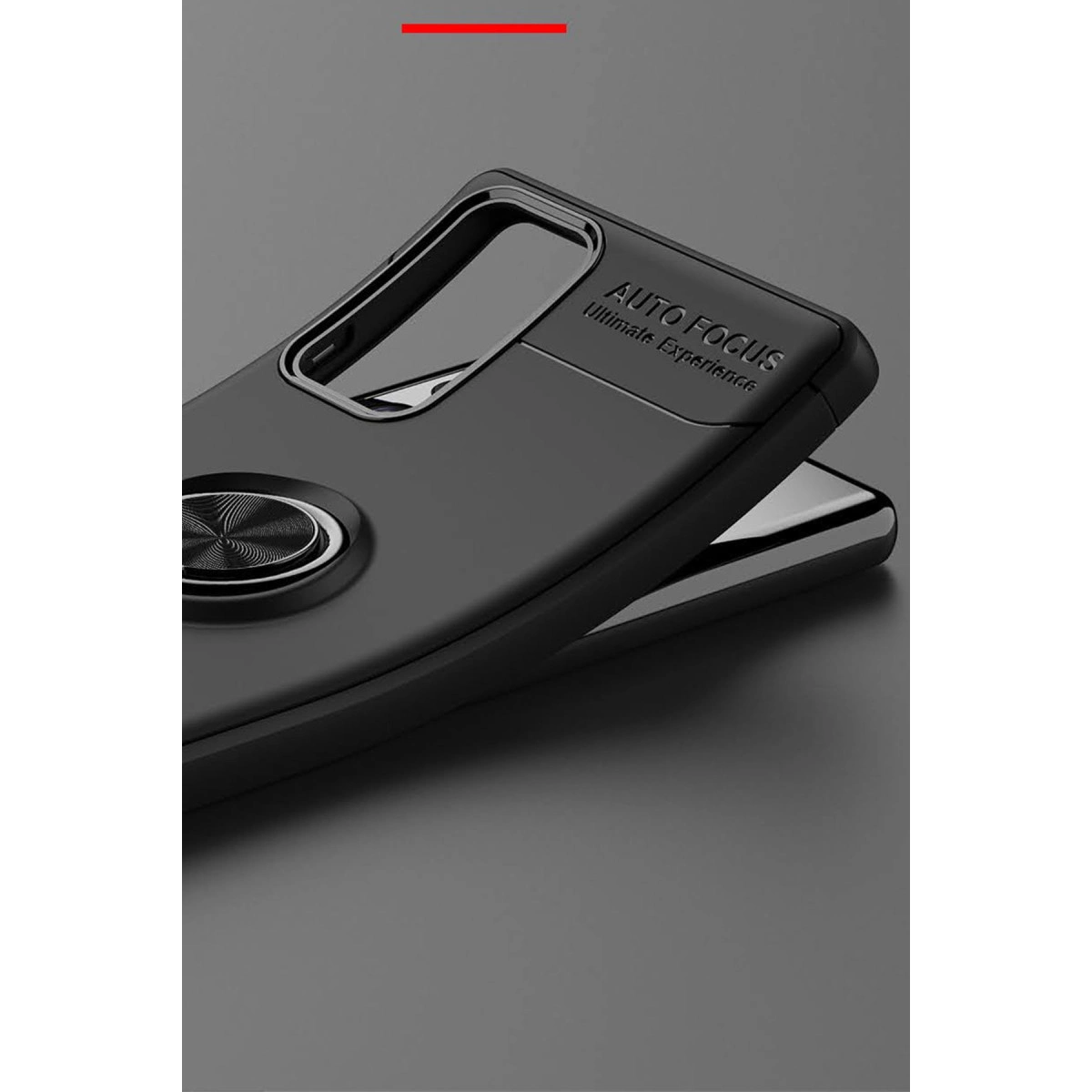 Metal halkalı ve kamera kesikli siyah koruyucu telefon kılıfı.