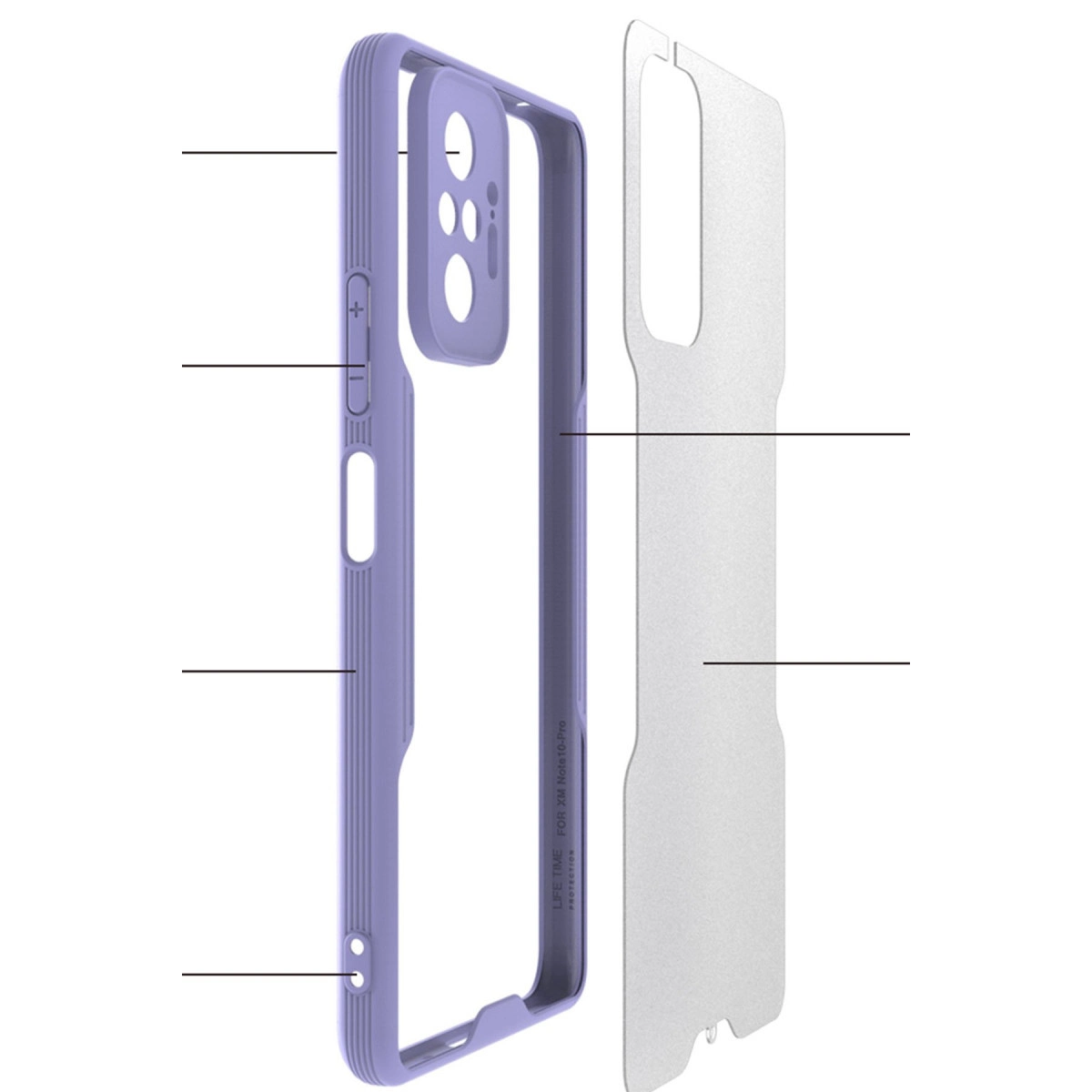 Beyaz arka planda çıkarılabilir arka panelli ve işaret çizgili mor telefon kılıfı.