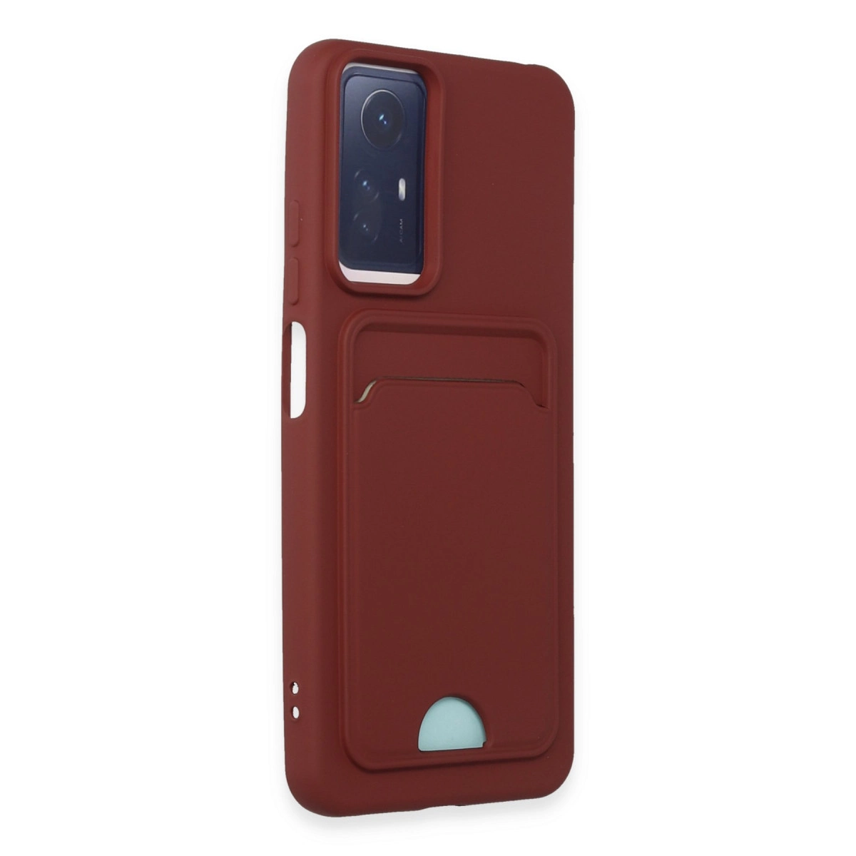 Arka tarafında entegre kartlık ve kamera kesimi bulunan bordo renkli telefon kılıfı.