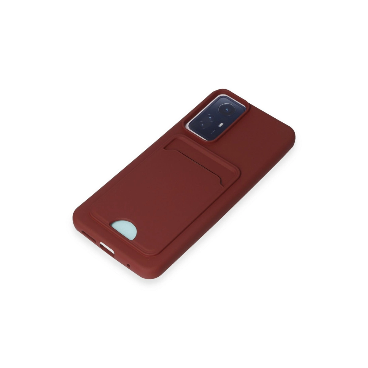 Arkada entegre kart yuvası ve kamera kesimi olan kırmızı silikon telefon kılıfı.