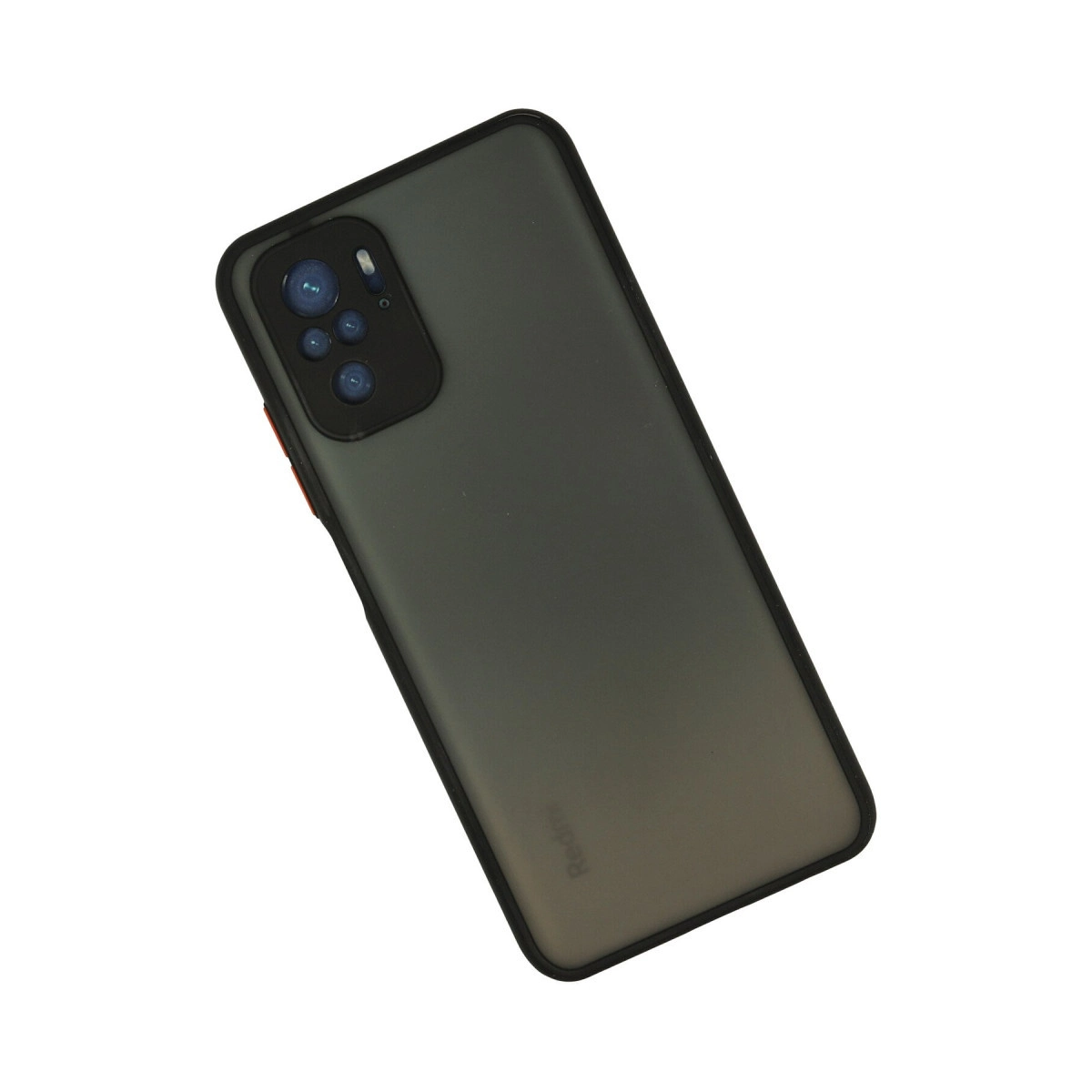 Arka kamera modülüne ve siyah koruyucu kılıfa sahip gri akıllı telefon, beyaz arka planda.