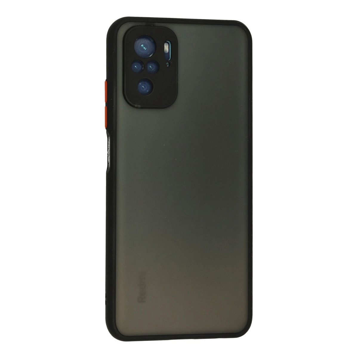 Mat kılıflı, sol üstte dört kameralı ve yan tarafında turuncu bir düğme bulunan siyah akıllı telefon.