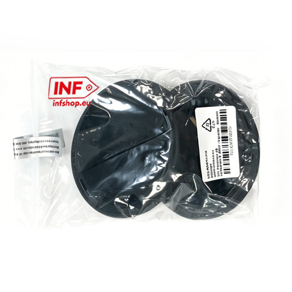 Deux coussinets d'oreille noirs dans un sac en plastique scellé avec un autocollant rouge du logo INF.