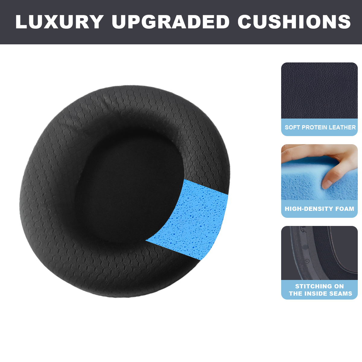 Ein schwarzes Kopfhörerpolster mit blauem Schaumstoff, Kunstleder und InnenNähten zur Hervorhebung der Materialien.