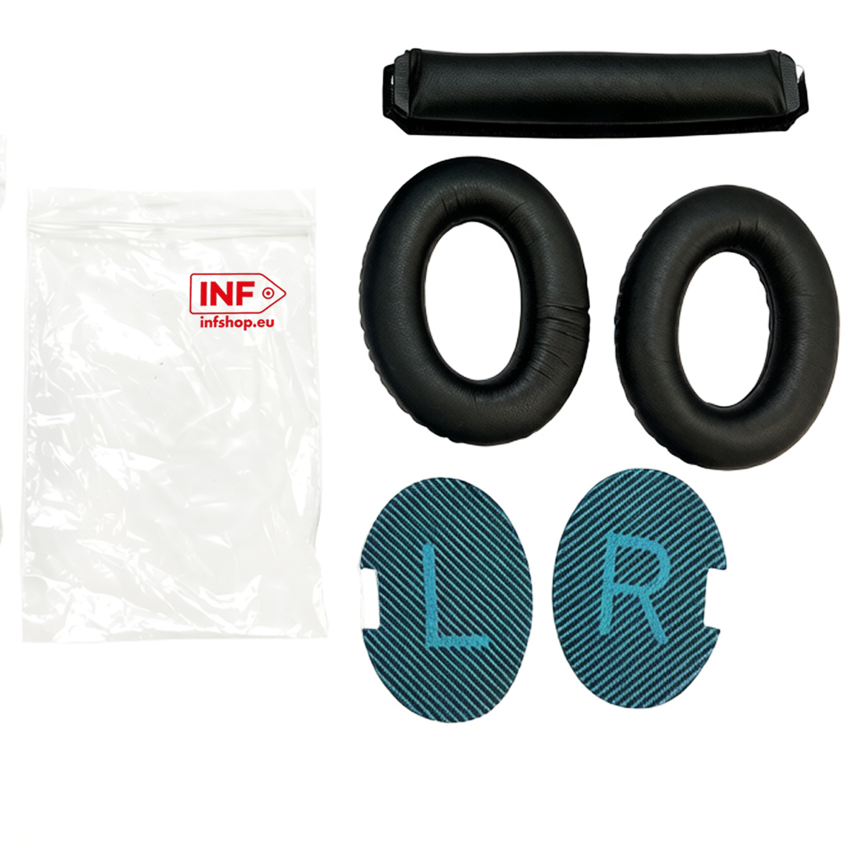 Coussins d'écouteurs noirs, coussinet de serre-tête, inserts G/D et sac plastique étiqueté.