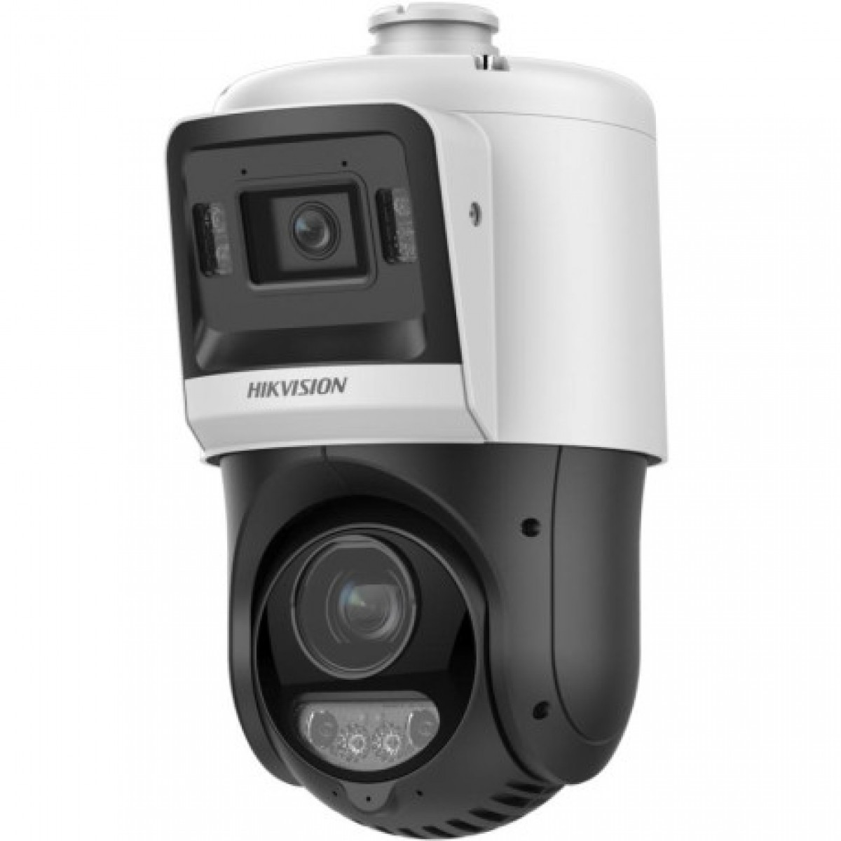 Beyaz arka plan üzerinde beyaz ve siyah Hikvision güvenlik kamerası.