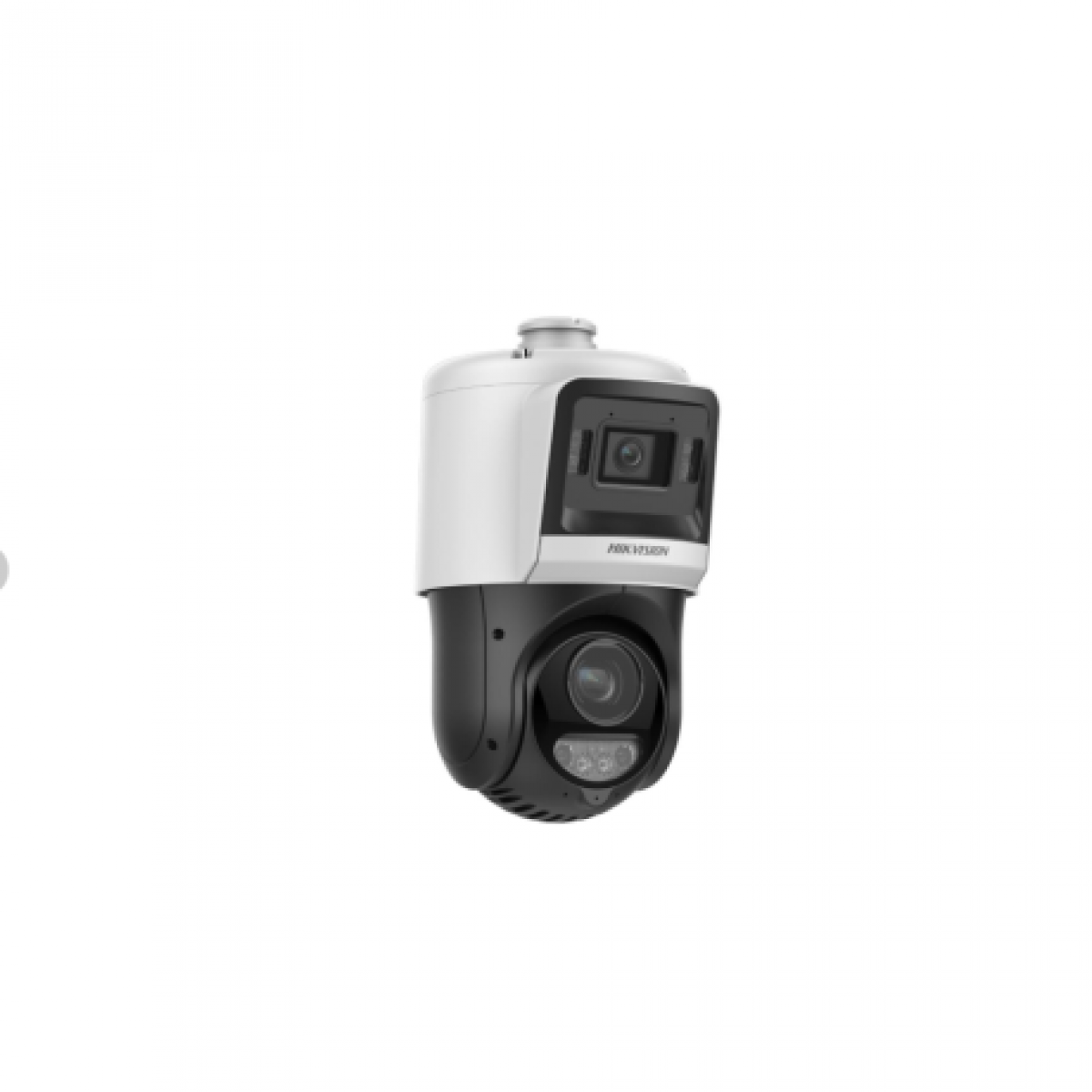 Beyaz arka plan üzerinde beyaz ve siyah bir Hikvision PTZ güvenlik kamerası.