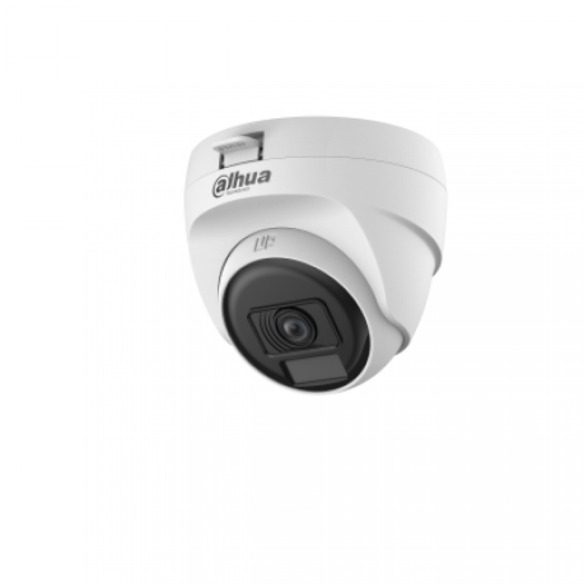 Sade bir arka plan üzerinde siyah lens modüllü beyaz Dahua güvenlik dome kamerası.