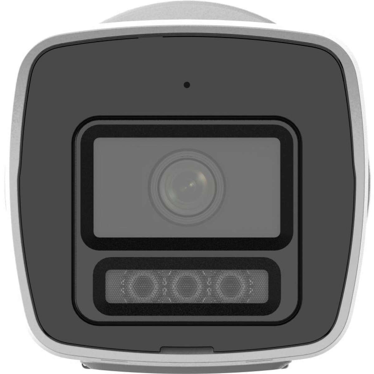 Beyaz arka plan üzerinde merkezi bir lens ve altında üç kızılötesi LED bulunan gri bir güvenlik kamerası.