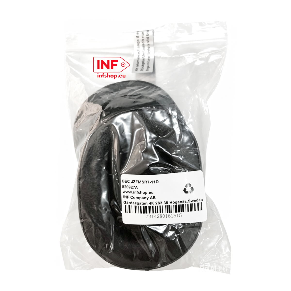 Coussins d'oreilles noirs pour écouteurs dans un sachet plastique avec étiquette.