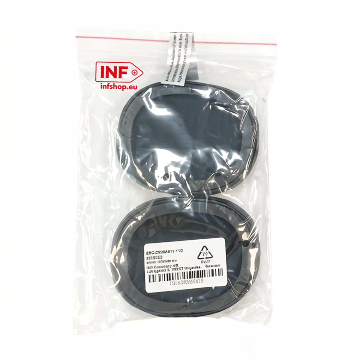 Zwei schwarze Ohrpolster in einer versiegelten Plastiktüte mit einem roten INFshop.eu Logo.