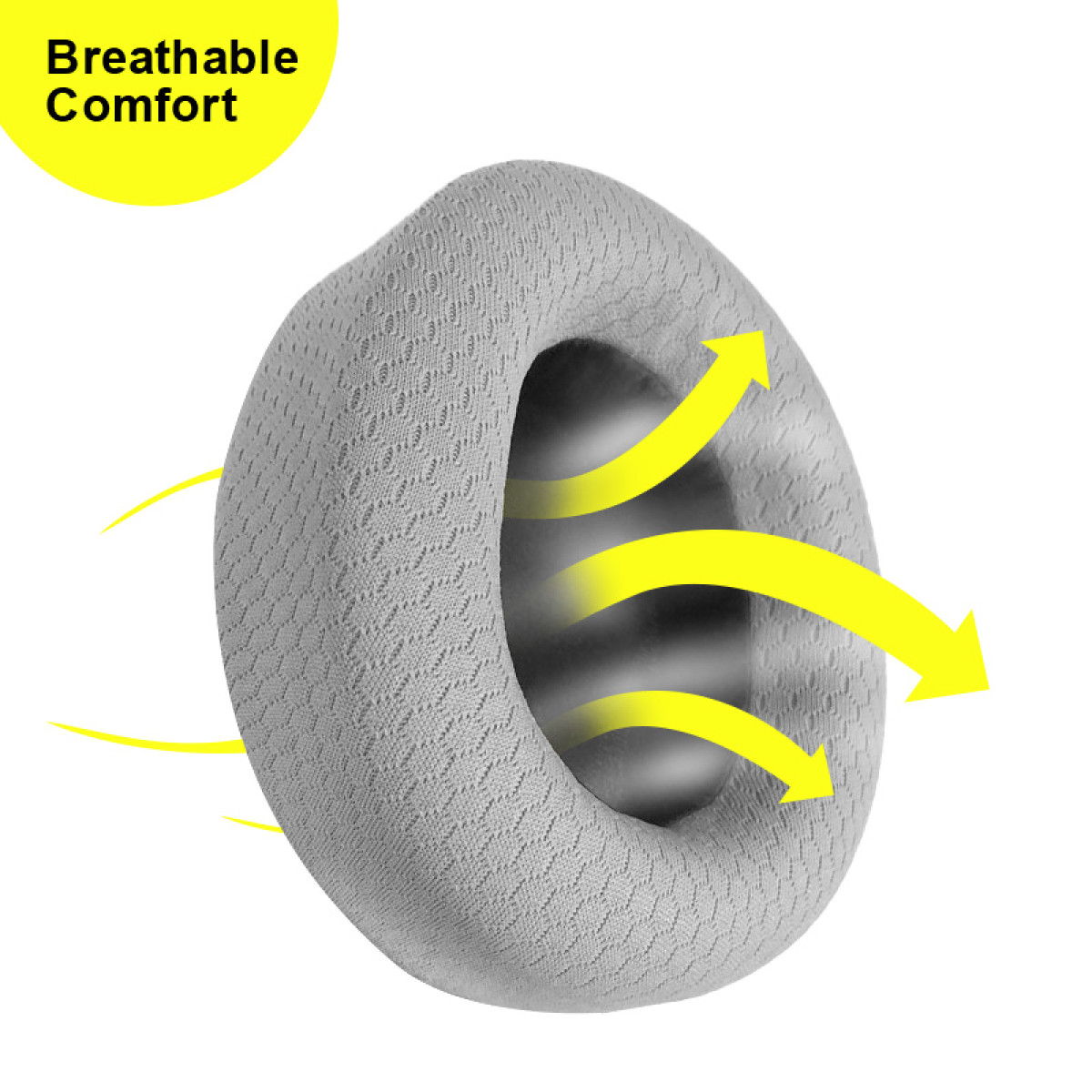 Cuscinetto per cuffie grigio con frecce gialle che indicano il flusso d'aria e la scritta Breathable Comfort.