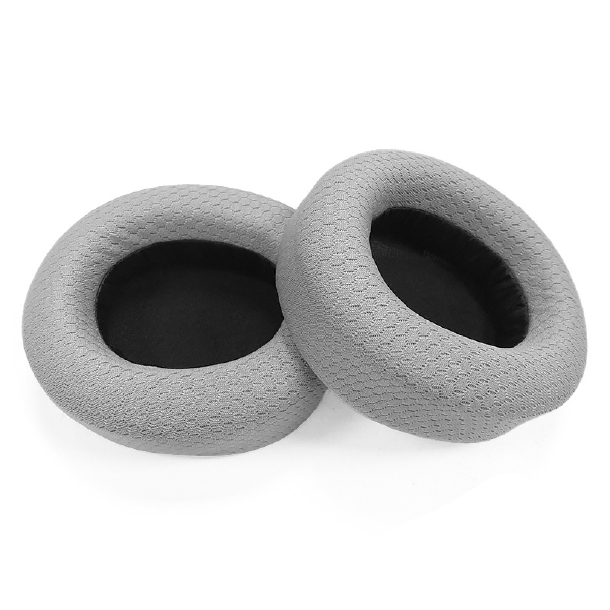 Due cuscinetti in tessuto grigio per cuffie con interno nero su sfondo bianco.