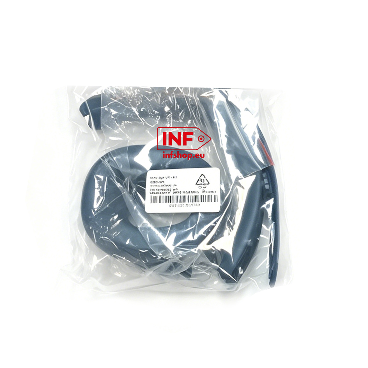 Dunkelblauer Nackenventilator in einem transparenten Plastikbeutel mit Barcode-Etikett und rotem Logo.