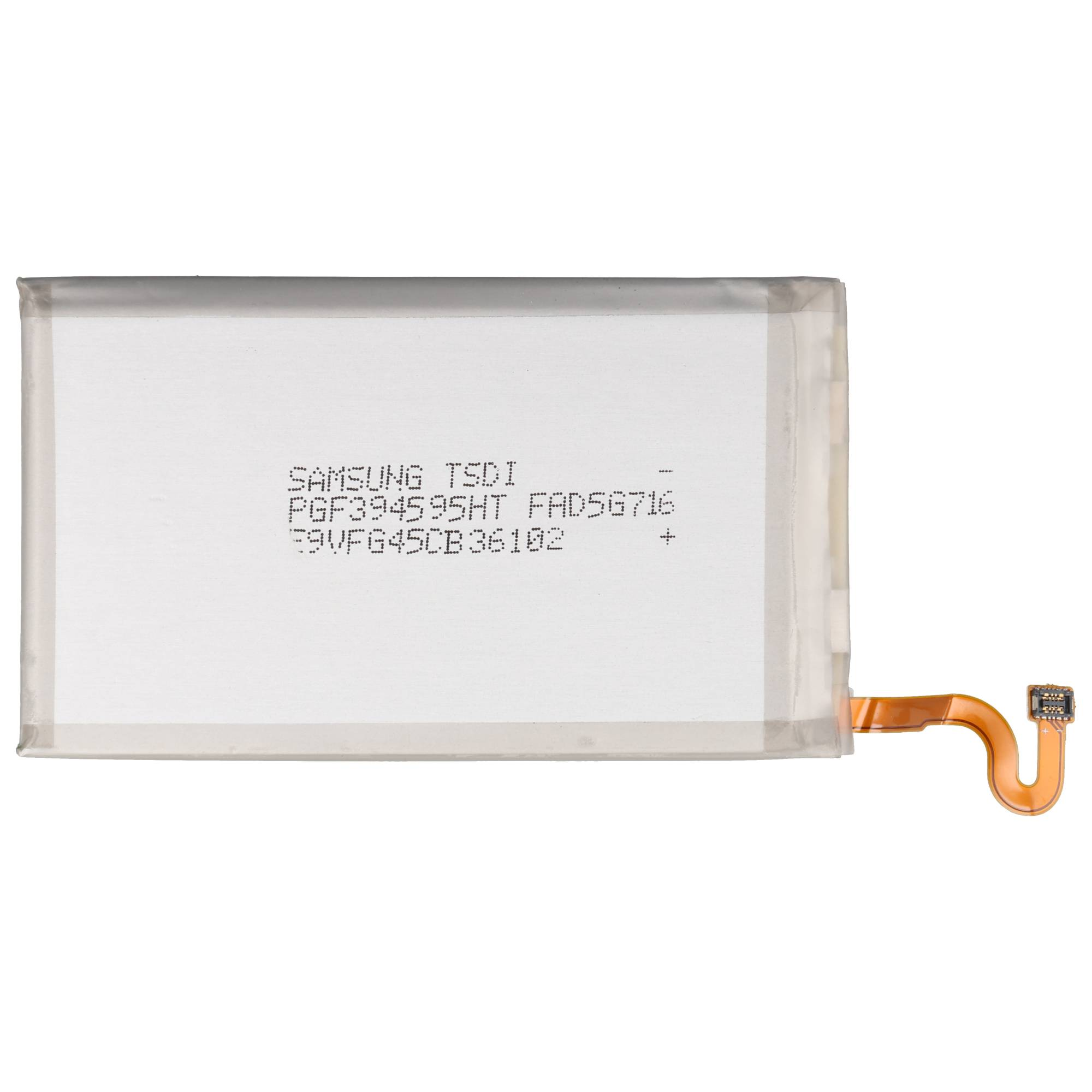 Eine rechteckige Samsung-Batterie mit gedrucktem Text und einem angeschlossenen flexiblen orangefarbenen Kabel.
