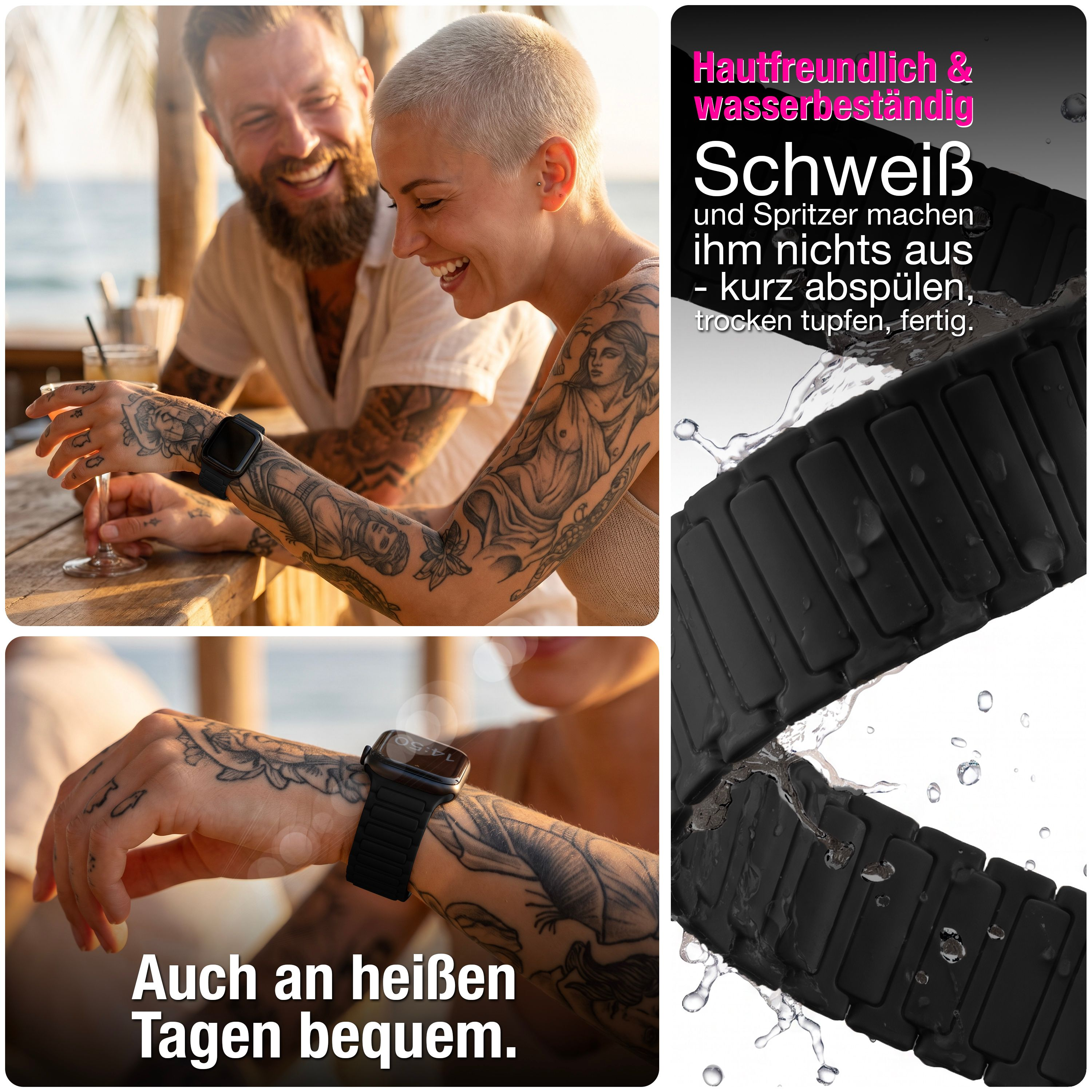 Ein tätowiertes Paar lächelt an einem Tisch, daneben ein schwarzes Smartwatch-Armband mit Wassertropfen.