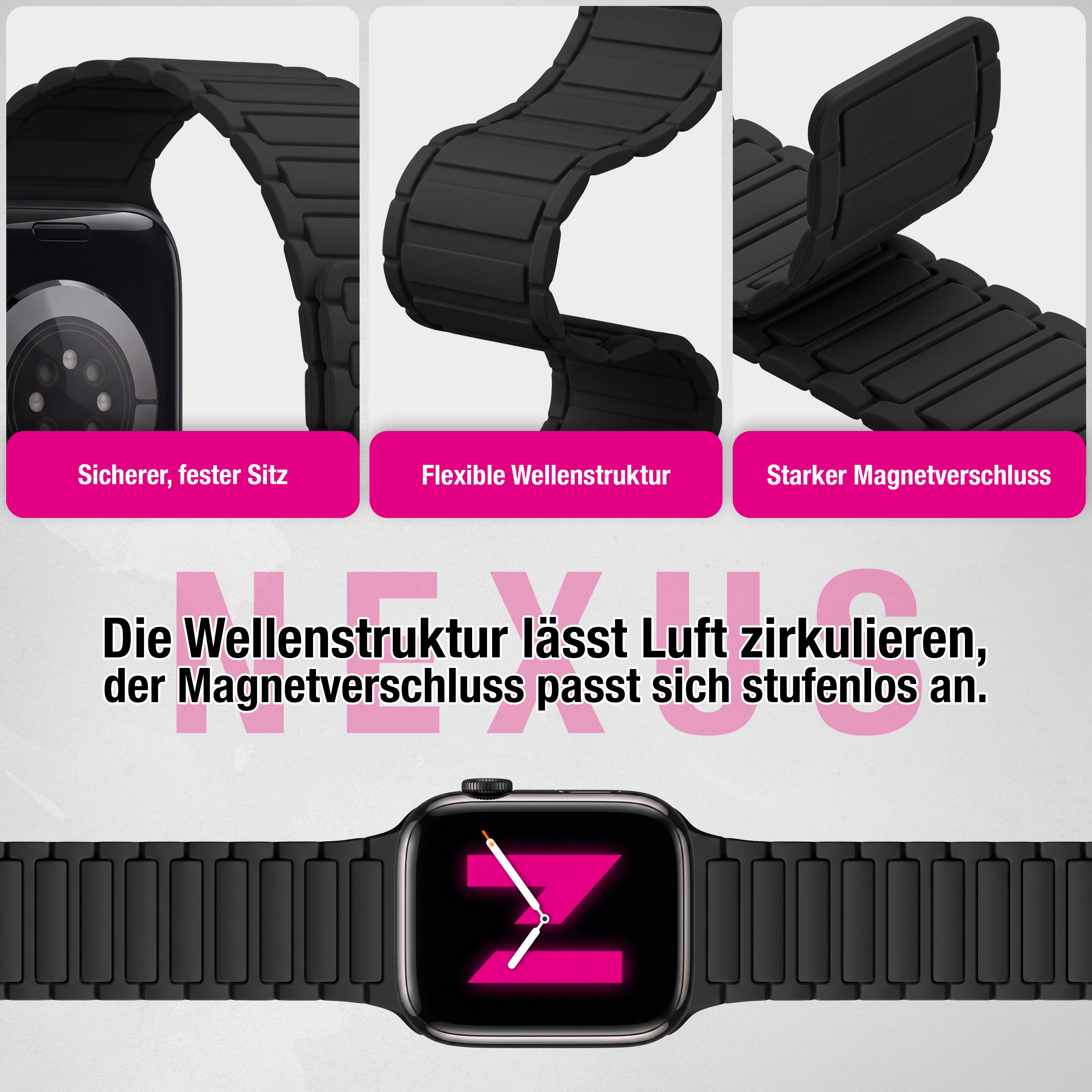 Schwarzes Uhrenarmband mit flexibler Wellenstruktur und starkem Magnetverschluss auf weißem Hintergrund.