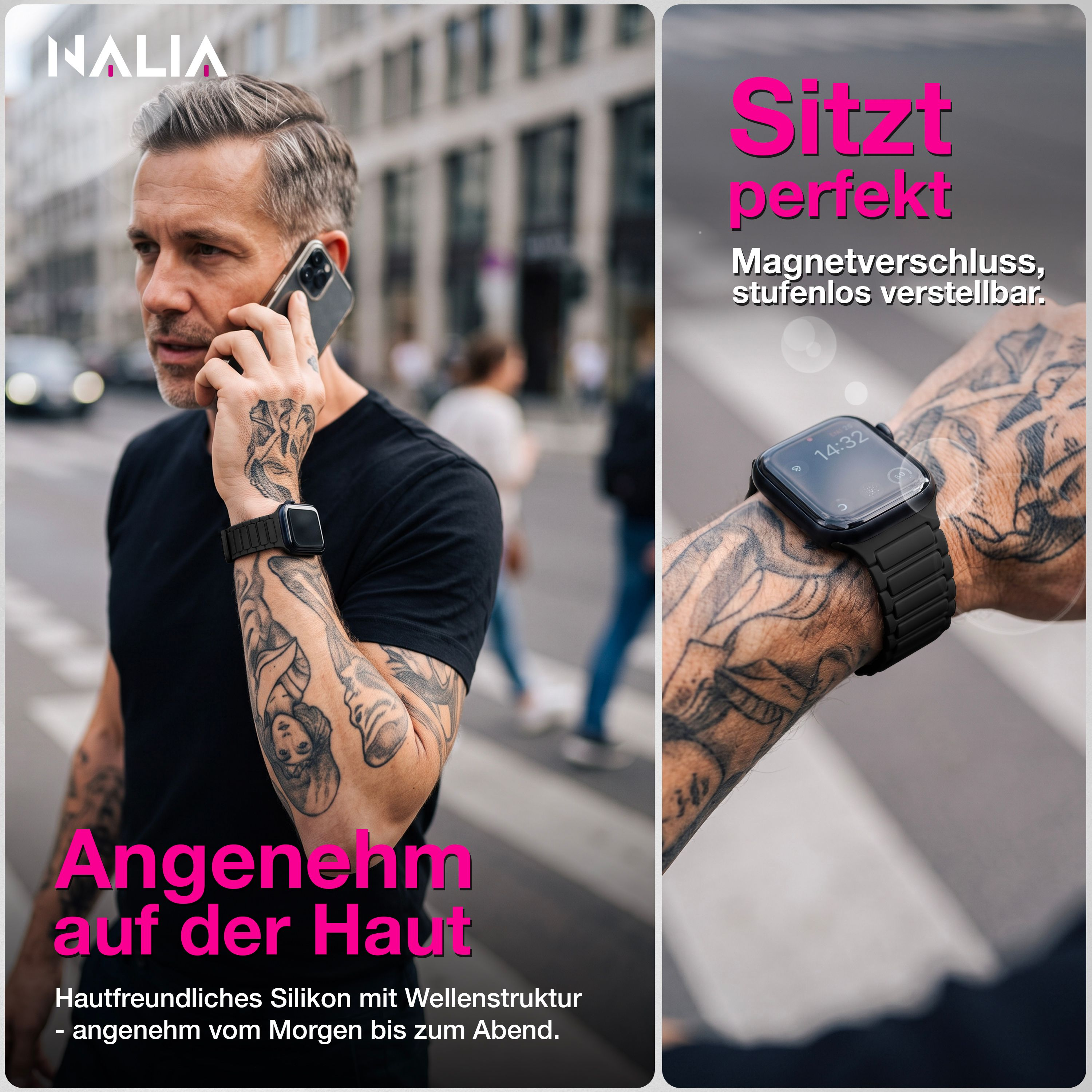 Ein tätowierter Mann telefoniert auf der Straße und trägt eine schwarze Smartwatch am Handgelenk.