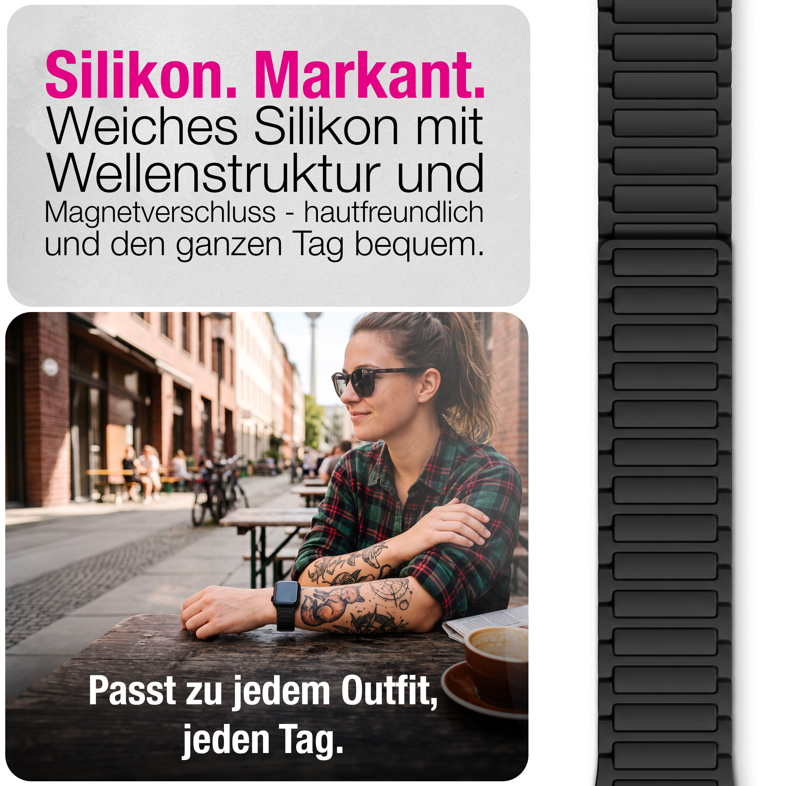 Frau sitzt an einem Straßencafé mit Smartwatch und Kaffeetasse, daneben deutscher Text und ein schwarzes Uhrenarmband.