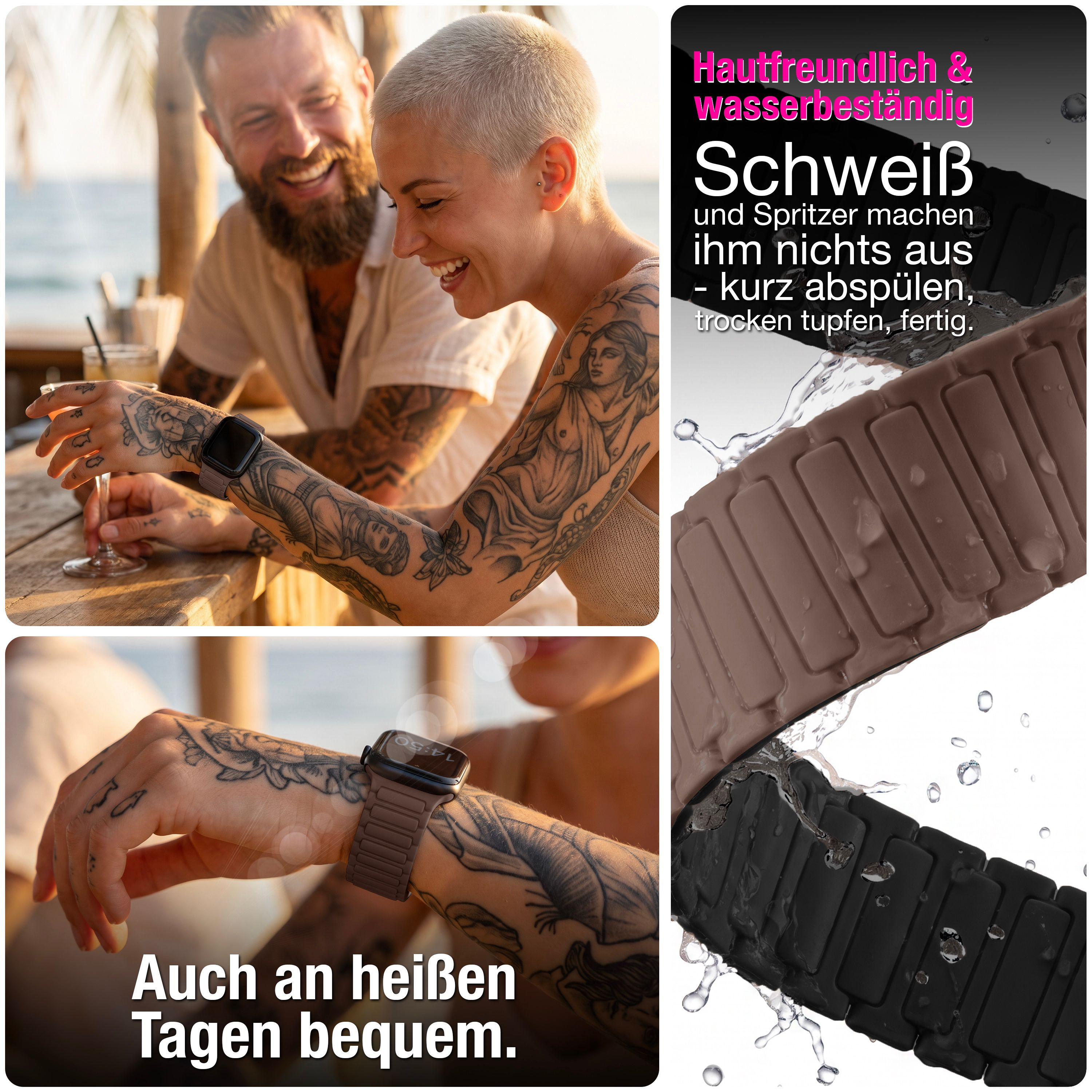 Eine Frau mit tätowiertem Arm trägt eine braune Smartwatch, während sie mit einem Mann am Strand sitzt.