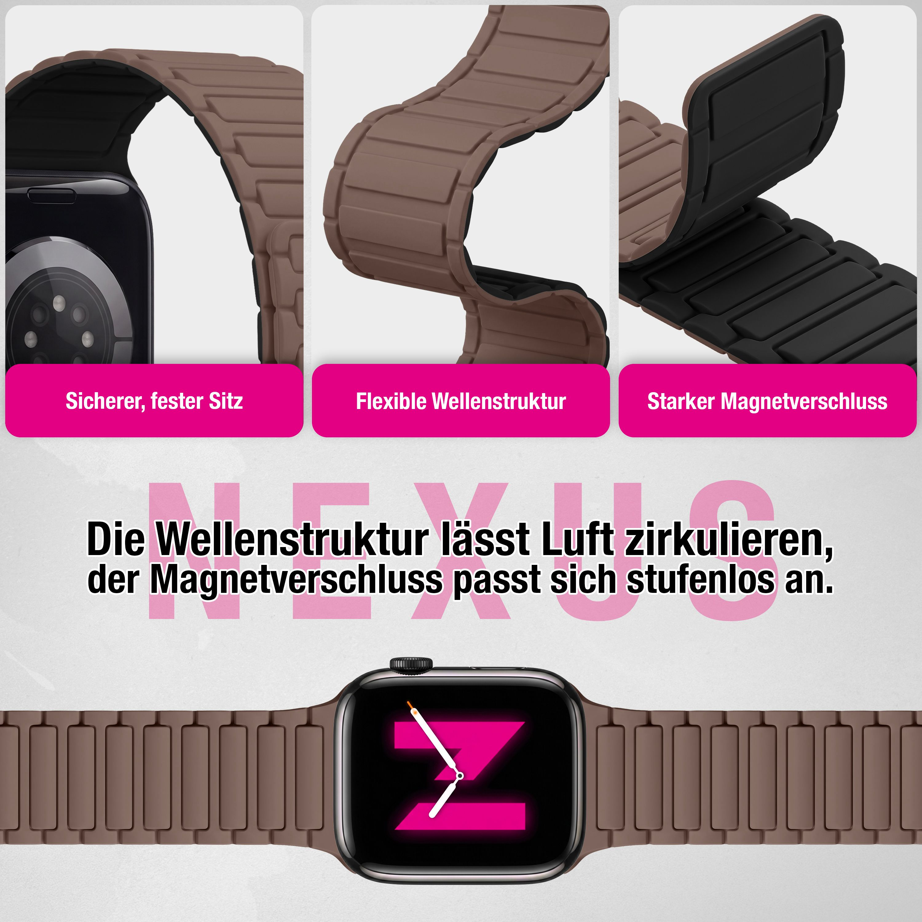 Braunes Smartwatch-Armband mit Wellenstruktur und Magnetverschluss.