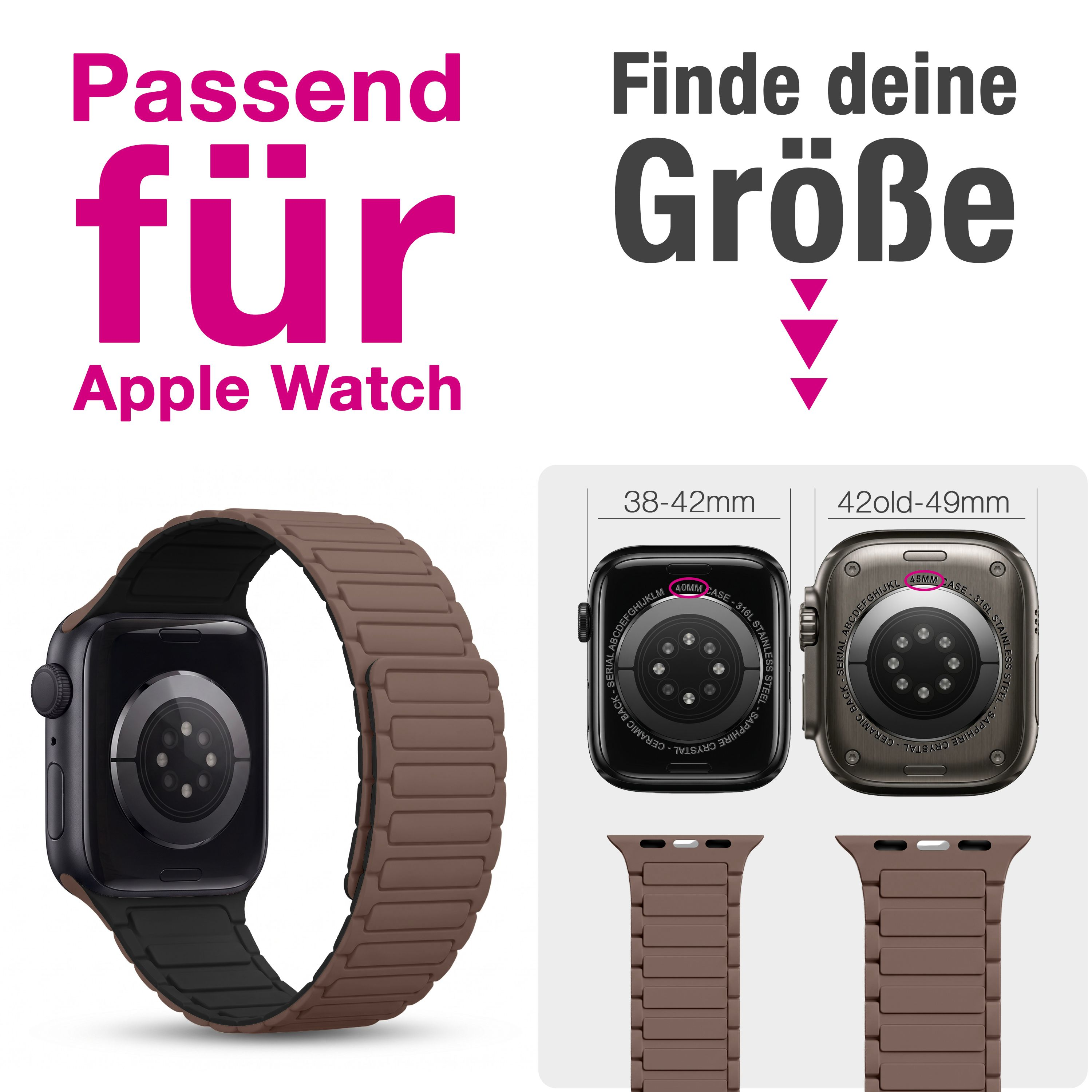 Grafik zeigt Apple Watch Größen mit braunem Magnetarmband und deutscher Aufschrift.