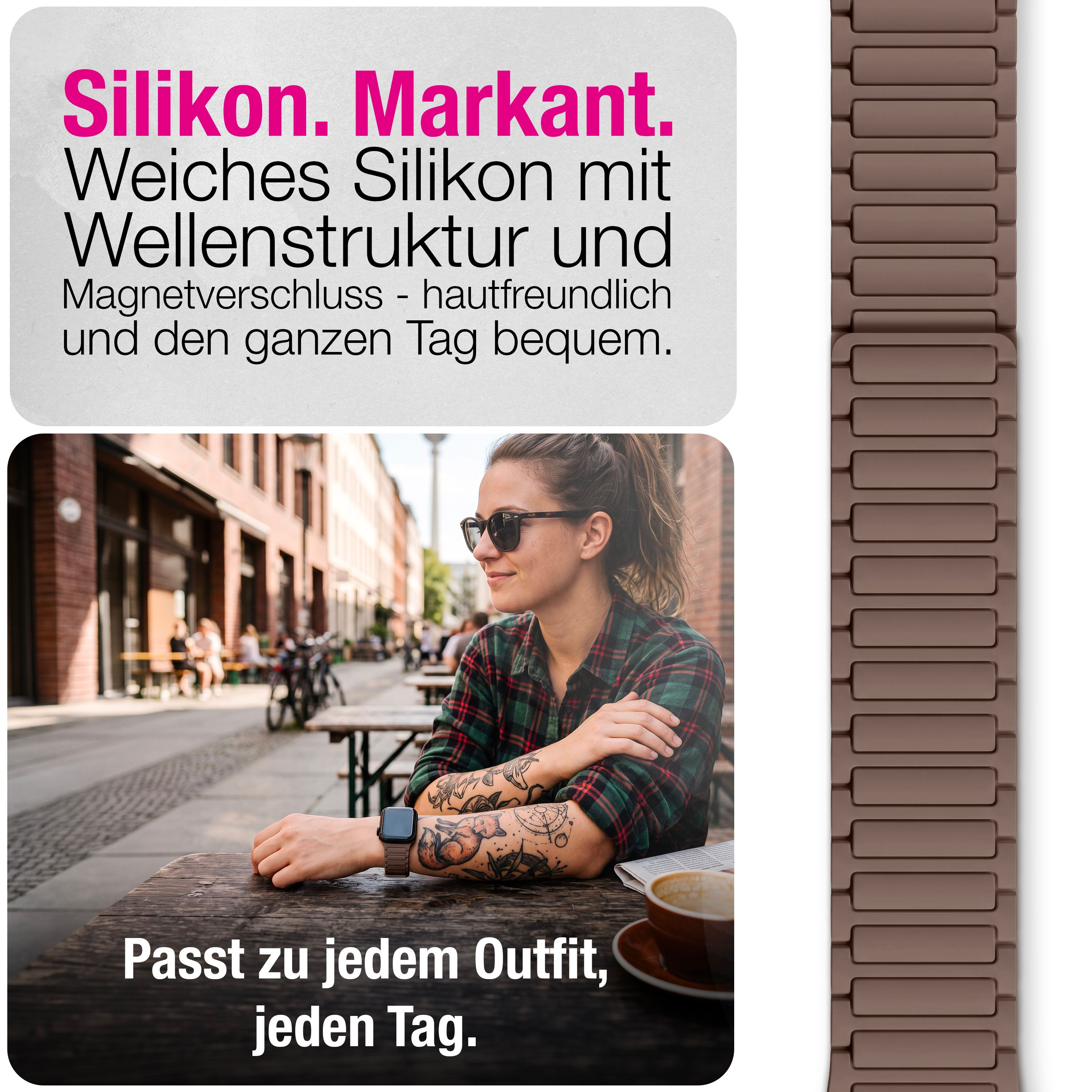 Eine Frau mit Tattoos und Sonnenbrille sitzt an einem Straßencafé mit einem braunen Silikon-Uhrenarmband.