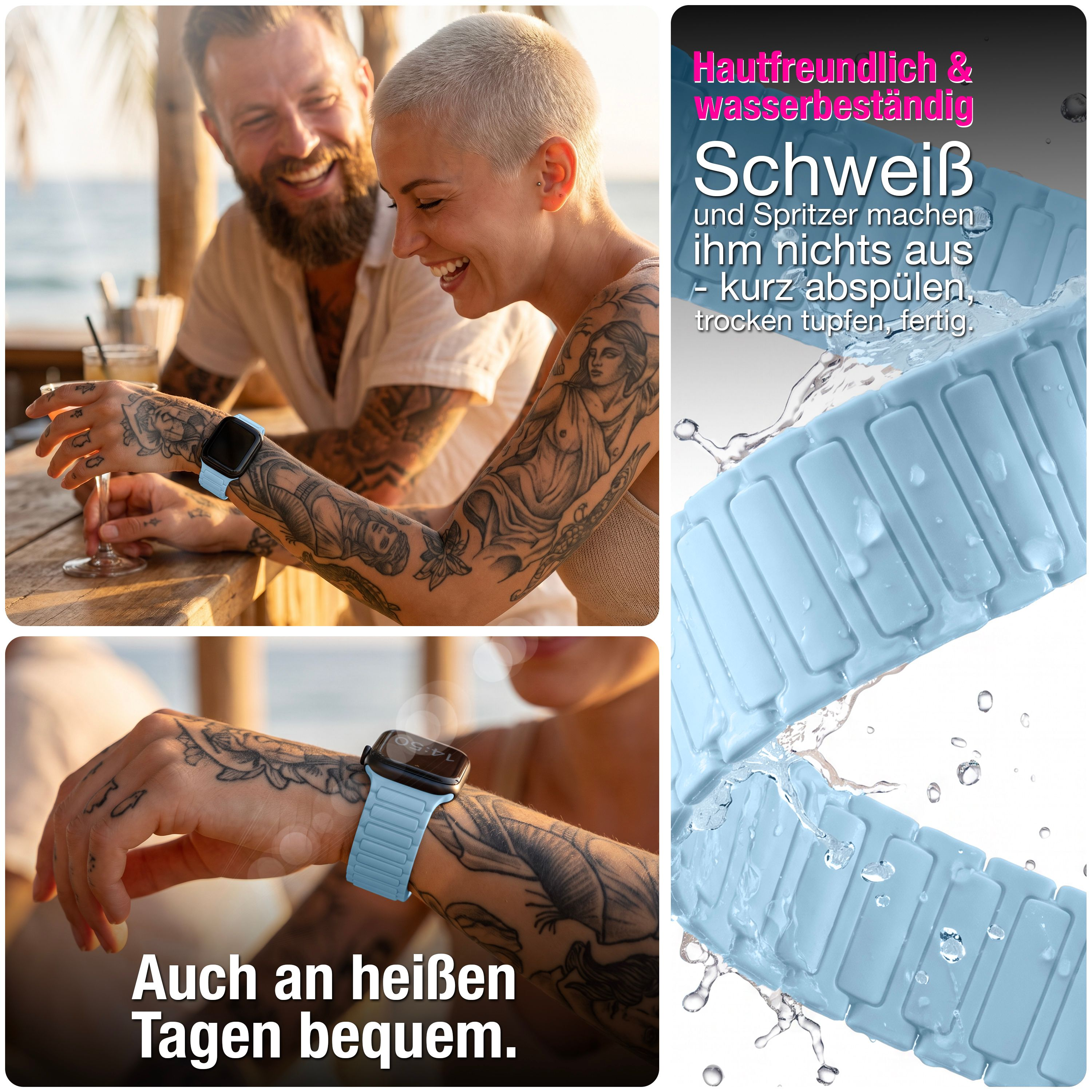 Ein glückliches Paar sitzt am Strand, eine Frau trägt eine Smartwatch mit hellblauem Armband und zeigt Text.